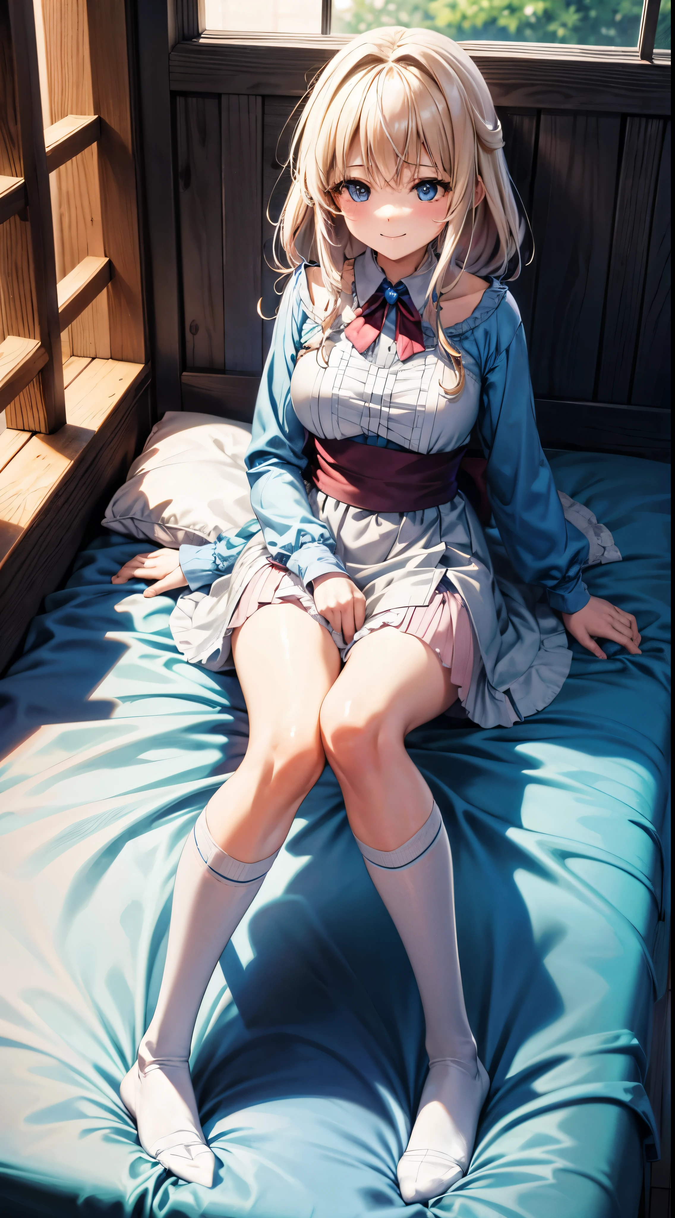 06:11:35 anime styles that expire in 13 days, The ultra -The high-definition, alice in the wonderland, Super cute girl, a blond, long, shame, A gentle and inviting smile, light blue fluttering short dress, frilldの付いた白いエプロンスカートを重ねる, frilld, B-cup breast, Light blue fluttering mini skirt, 靴下はつま先から太ももの真ん中までのlongめの白いニーハイソックスです。., and draw the full body, Inside an old Western-style building, absurd worldview, A window that lets in bright sunlight, Her clothes are a little disarrayed and her breasts are exposed.., pee, お漏らししてpeeが股から出て太ももを伝ってチョロチョロと細く流れている, Lie down on the bed, Lying down and looking at me, Lying Pose, Reach out to the camera,legs slightly apart