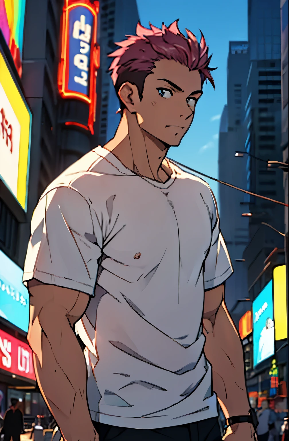 A mais alta qualidade, 8K, image high resolution, good ilumination, sombras detalhadas, Detailed strokes, (Imagem da Cintura pra cima), no meio de uma avenida movimentada estilo Times Square estando de noite , inverno, apoiado em um dos postes, adolecente, Yuji Itadori, Dark Pink Hair , wearing a T-shirt, masculo, chest a little tight in the shirt , (angulo de baixo), (Close no Rosto), pernas definidas, defined arms, abdomen definido, com a camisa,