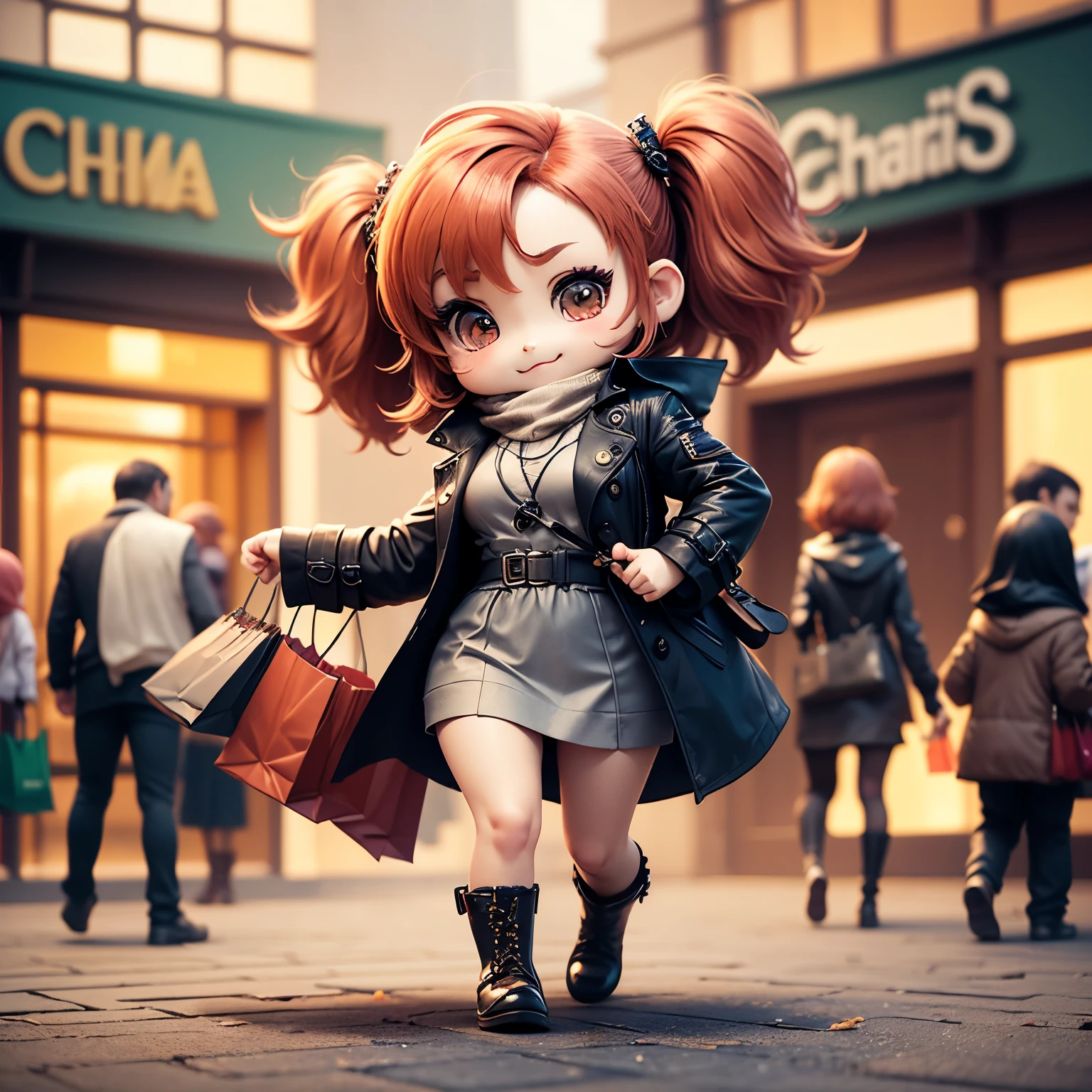 ​masterpiece、top-quality、ultra-detailliert、,(Chibi Chara:1.4),(huge department store:1.3),Opening ceremony,// wear a winter trench coat,carry multiple shopping bags,a smile,Full-body standing figure,