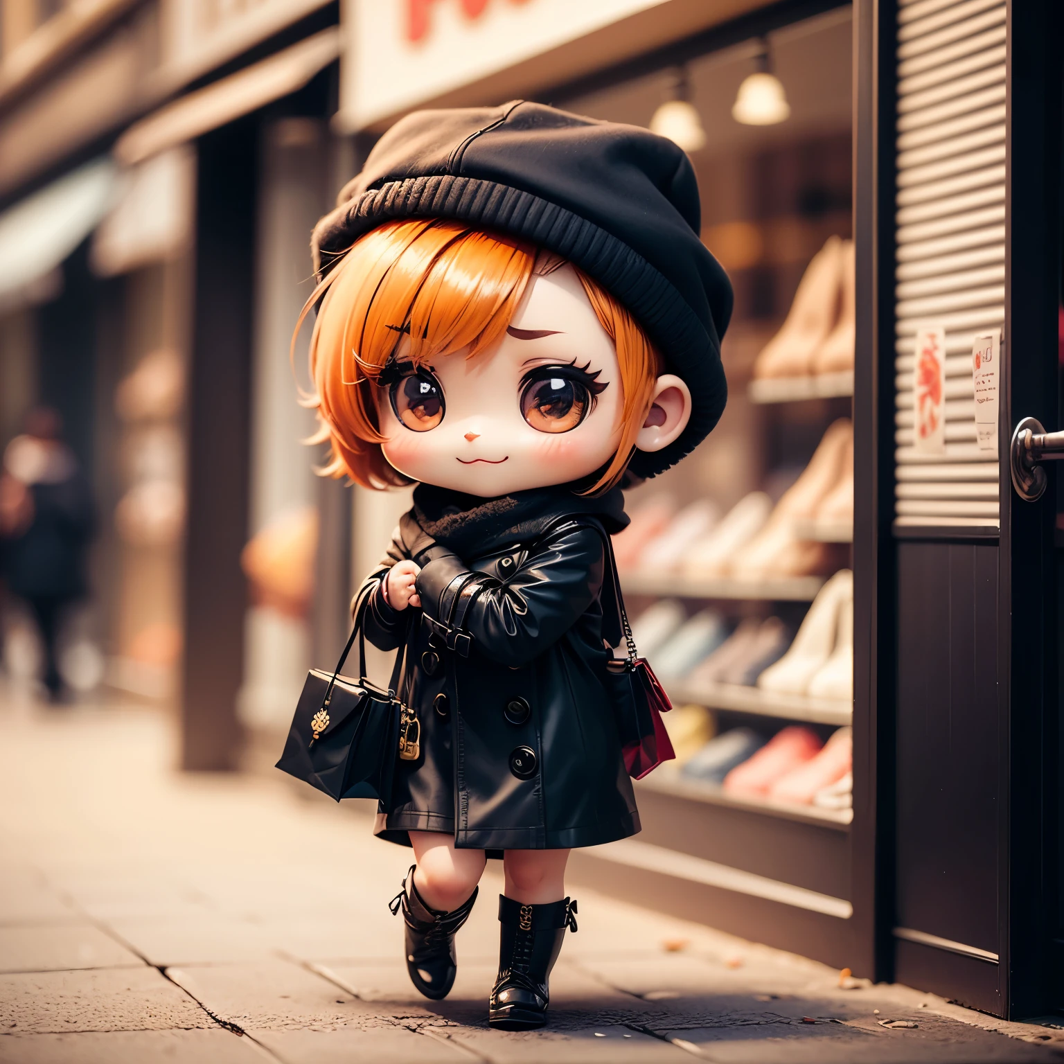 masterpiece、top-quality、ultra-detailliert、,(Chibi Chara:1.4),(huge department store:1.3),Opening ceremony,// wear a winter trench coat,carry multiple shopping bags,a smile,Full-body standing figure,