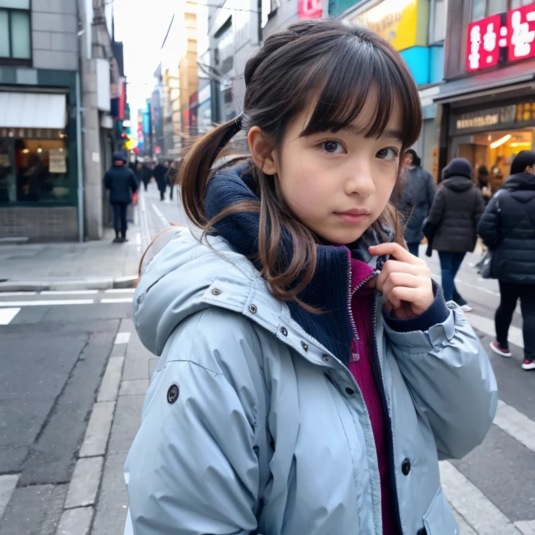 Beautiful girl wearing a down jacket、japanes、14years、In the street、