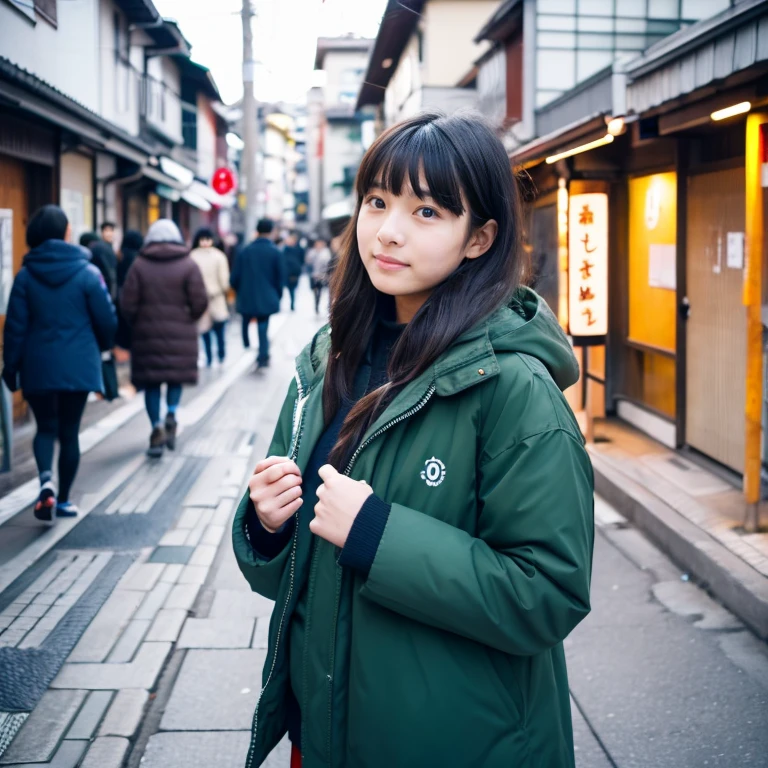 Beautiful girl wearing a down jacket、japanes、 student、In the street、