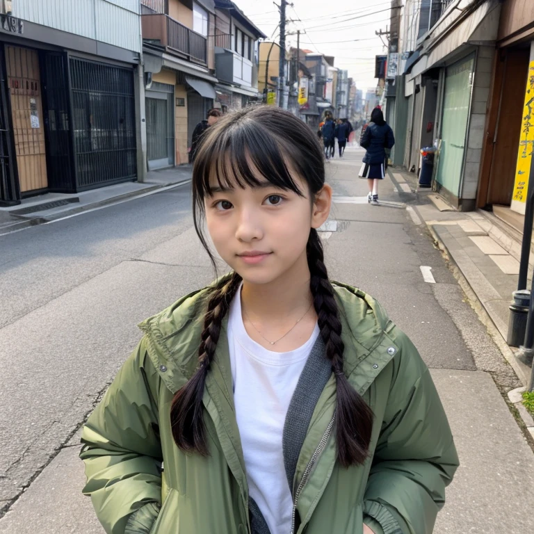 Beautiful girl wearing a down jacket、japanes、15yo student、In the street、