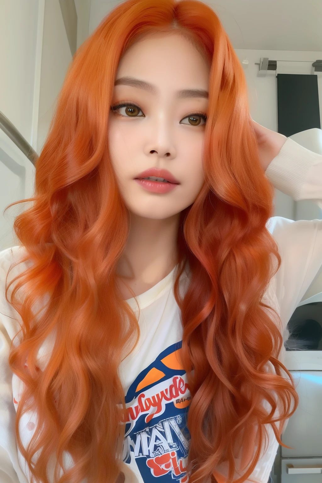um close up de uma mulher com longos cabelos ruivos e uma camisa branca, cabelos cacheados cor de cobre, with cabelos ruivos cacheados, cabelos cacheados vermelhos, cabelos ruivos cacheados, gengibre cabelo ondulado, ela tem cabelos longos e redorange, wild cabelo de gengibre, longos cabelos vermelhos cachos, cabelo de gengibre, cabelos cacheados vermelhos, flowing cabelo de gengibre, longos cabelos ondulados laranja, cabelos ruivos grandes ondulados