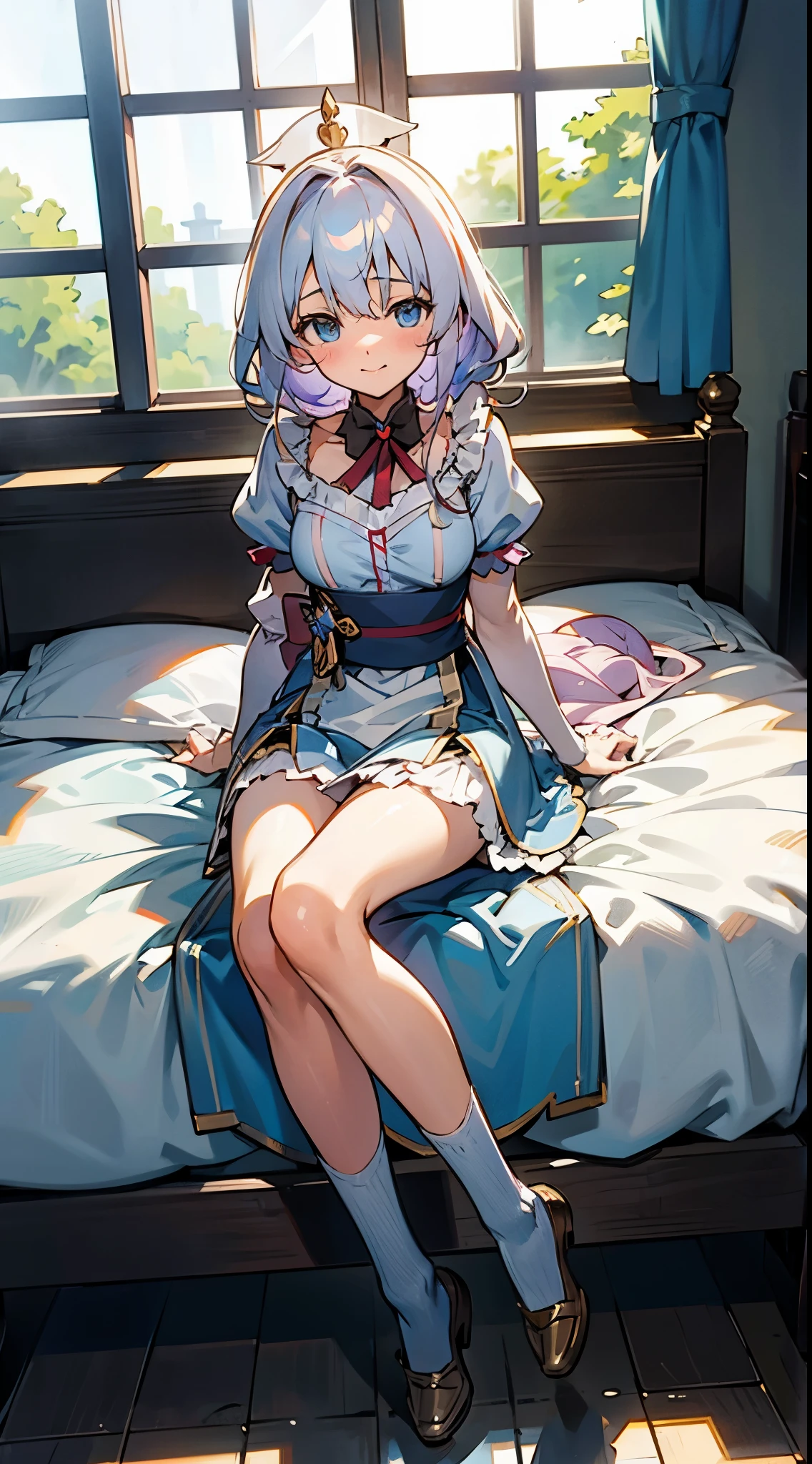 anime styled, The ultra -The high-definition, alice in the wonderland, Super cute girl, a blond, Long, shame, A sweet inviting smile, Light blue fluttering short dress, frilldの付いた白いエプロンスカートを重ねる, frilld, B-cup breasts, Light blue fluttering mini skirt, The socks are long white knee-high socks that go from the toes to mid-thigh., and draw the full body, Inside an old Western-style building, absurd worldview, window where bright sunlight shines through, Her clothes are a little disarrayed and her breasts are exposed., Lie down on the bed, Lying down and looking at me, Lying Pose, Reach out to the camera,legs slightly apart, Her clothes are a little messed up and her breasts are showing., Draw the nipples too, The crotch is visible from the hem of the skirt, A thin pubic hair on the crotch