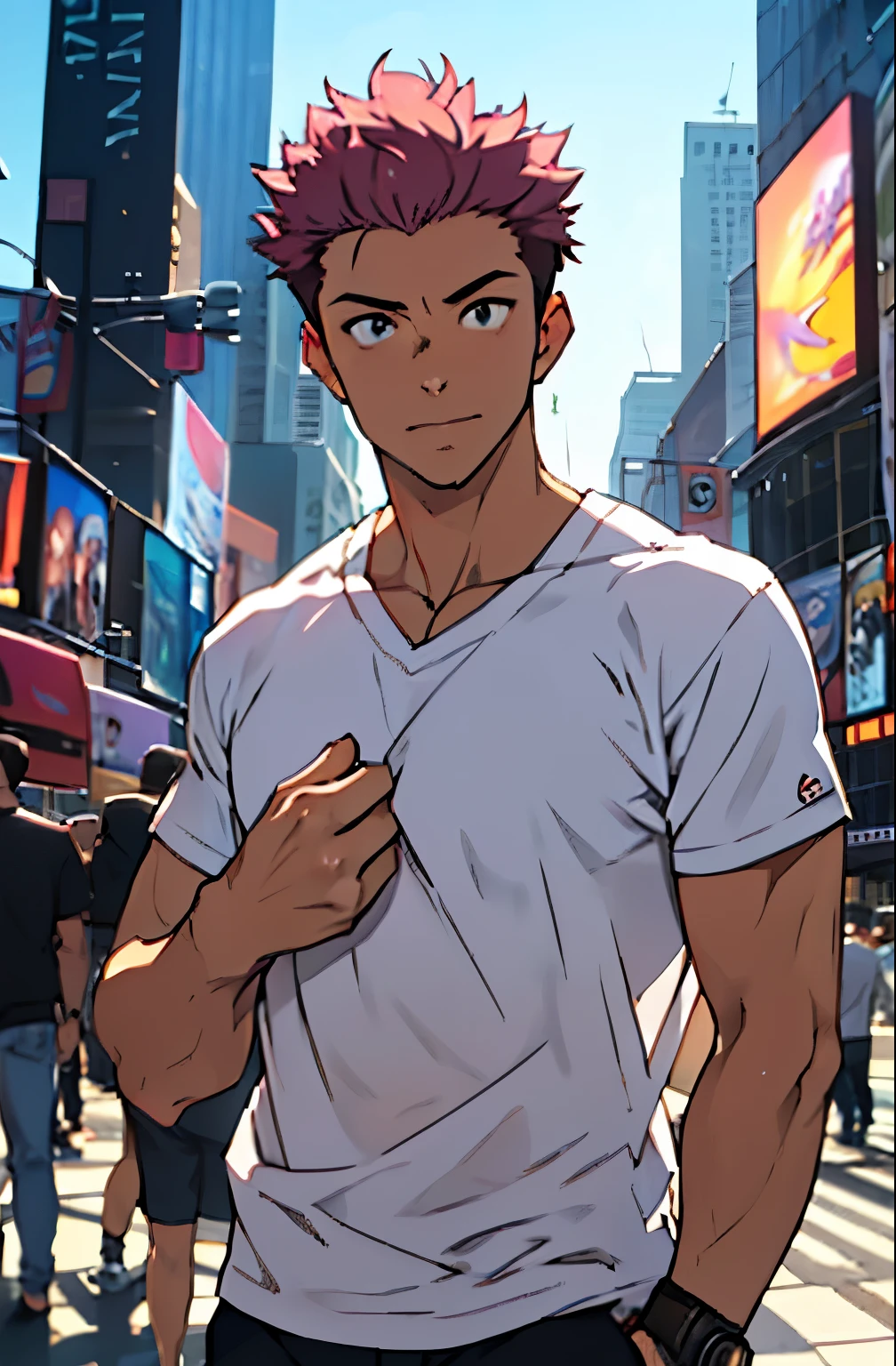 A mais alta qualidade, 8K, image high resolution, good ilumination, sombras detalhadas, Detailed strokes, (Imagem da Cintura pra cima), no meio de uma avenida movimentada estilo Times Square estando de noite , inverno, apoiado em um dos postes, adolecente, Yuji Itadori, Dark Pink Hair , wearing a T-shirt, masculo, chest a little tight in the shirt , (angulo de baixo), (Close no Rosto), pernas definidas, defined arms, abdomen definido, com a camisa,