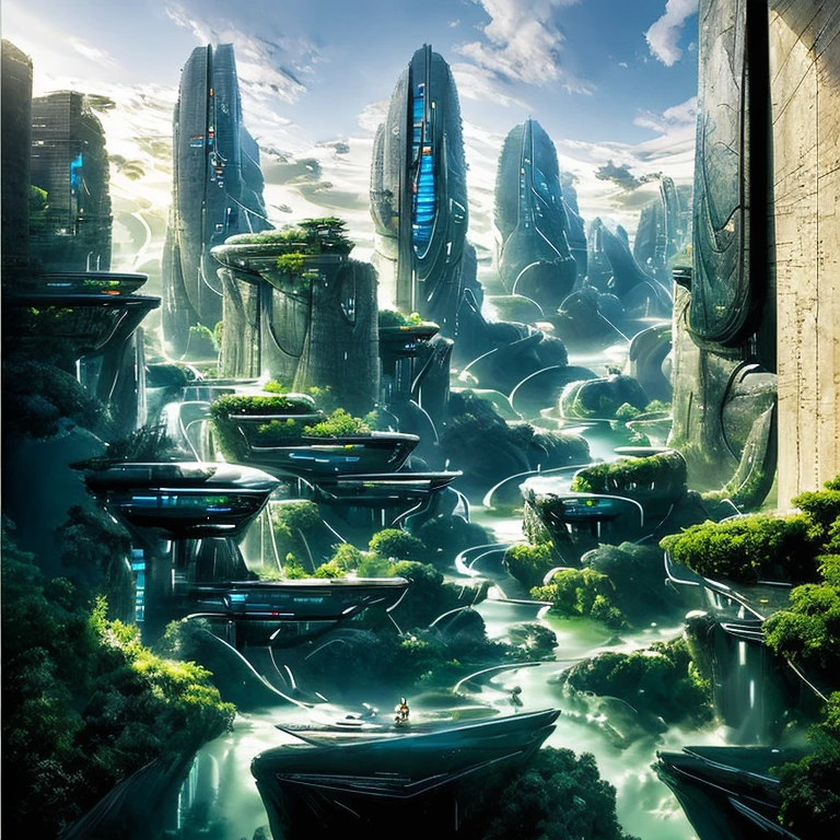 Airbrush drawing --v 5.1 style Futuristic design of an awesome sunny day environment concept art on a futuristic terrain with huge waterfalls,streams, mangroves,nature architecture, proportional,detailed,bright clouds, nature meets futuristic architecture by Santiago Calatrava and Vincent Callebaut with futuristic development, high rise made up staircases, balconies, full of composite glass facades, residential spaces carved from cliff side ,trending on artstation, beautiful lighting,In the style , fantasy, intricate, award winning, 4k, highest quality