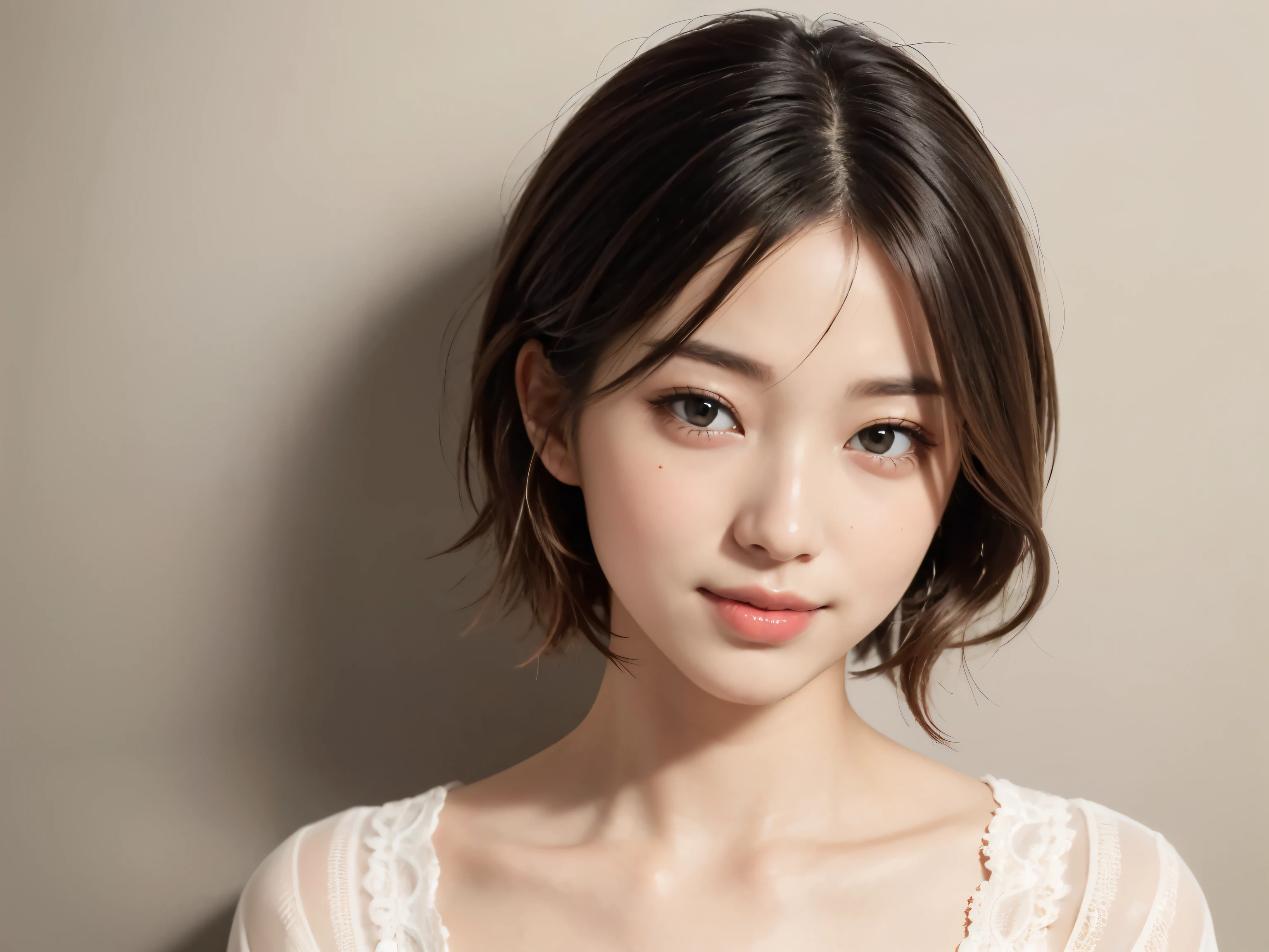 masterpiece、The highest image quality、hightquality、Beautuful Women、japanes、Popular Korean Makeup、detaileds、detailedsな目、detailedsな皮膚、Beautiful skins、超hight resolution、(现实:1.4)、very extremely beautiful、Slightly younger face、Beautiful skins、thin-waist、(A hyper-realistic)、(illustratio)、(hight resolution)、(8K)、(非常にdetaileds)(The best illustrationeautifully detailed eyes)、(超detaileds)、(wall-)、(detaileds顔)、ビューアのdetailedsを見る、 detailedsな顔、pureerosfaceace_v1、A smile、Looking straight ahead、photos realistic、Colorful hair color、(((very_Short_hair)))、((Background with:natural)),A slight smil,white clothes