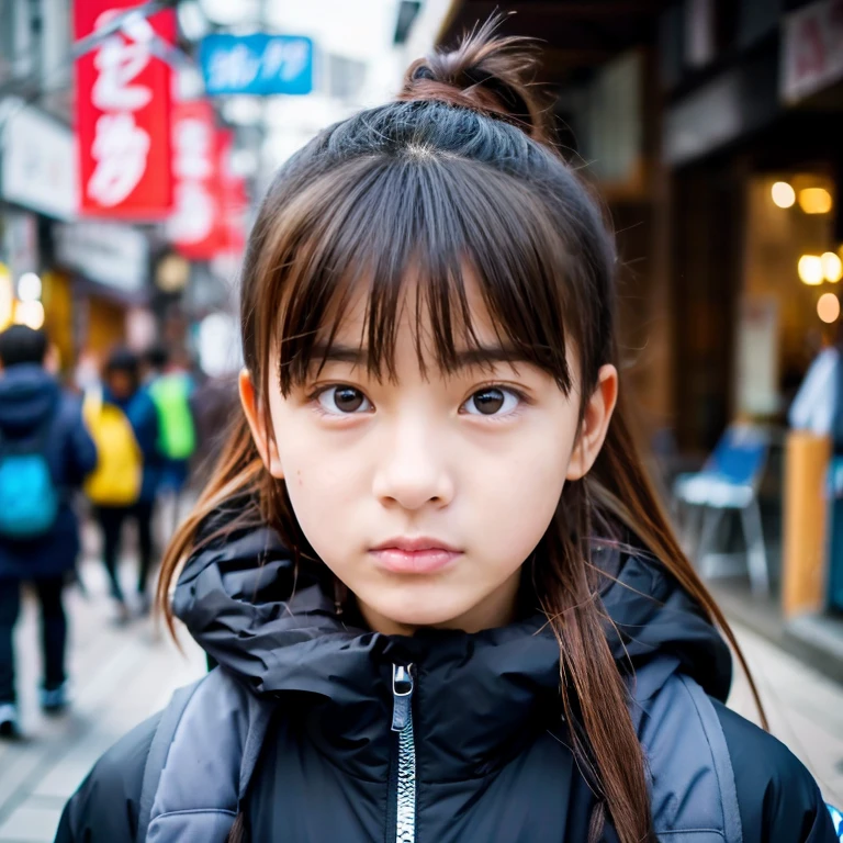 Beautiful girl wearing a down jacket、japanes、、In the street、serious facial expression、