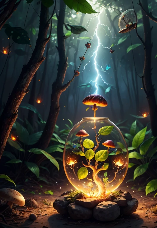 Fantasy in a glass, "ethereal roses, beautiful girls, cute slime animals, glowing little mushrooms surrounded by delicate leaves and branches, and fireflies and glowing particle effects", (natural elements), (jungle theme), (leaves), (branches), (fireflies), butterflies, (delicate leaves), (glow), (particle effects), super realistic, super detailed, dramatic lightning, 4k, masterpiece,