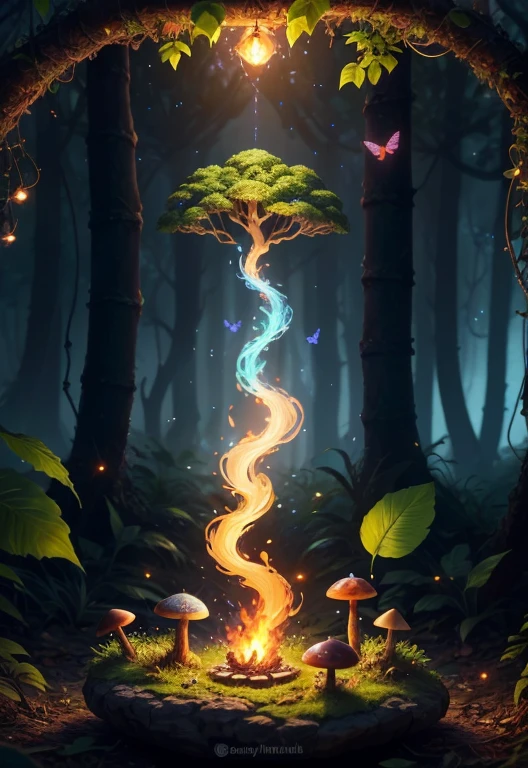Fantasy in a glass, "ethereal roses, beautiful girls, cute slime animals, glowing little mushrooms surrounded by delicate leaves and branches, and fireflies and glowing particle effects", (natural elements), (jungle theme), (leaves), (branches), (fireflies), butterflies, (delicate leaves), (glow), (particle effects), super realistic, super detailed, dramatic lightning, 4k, masterpiece,