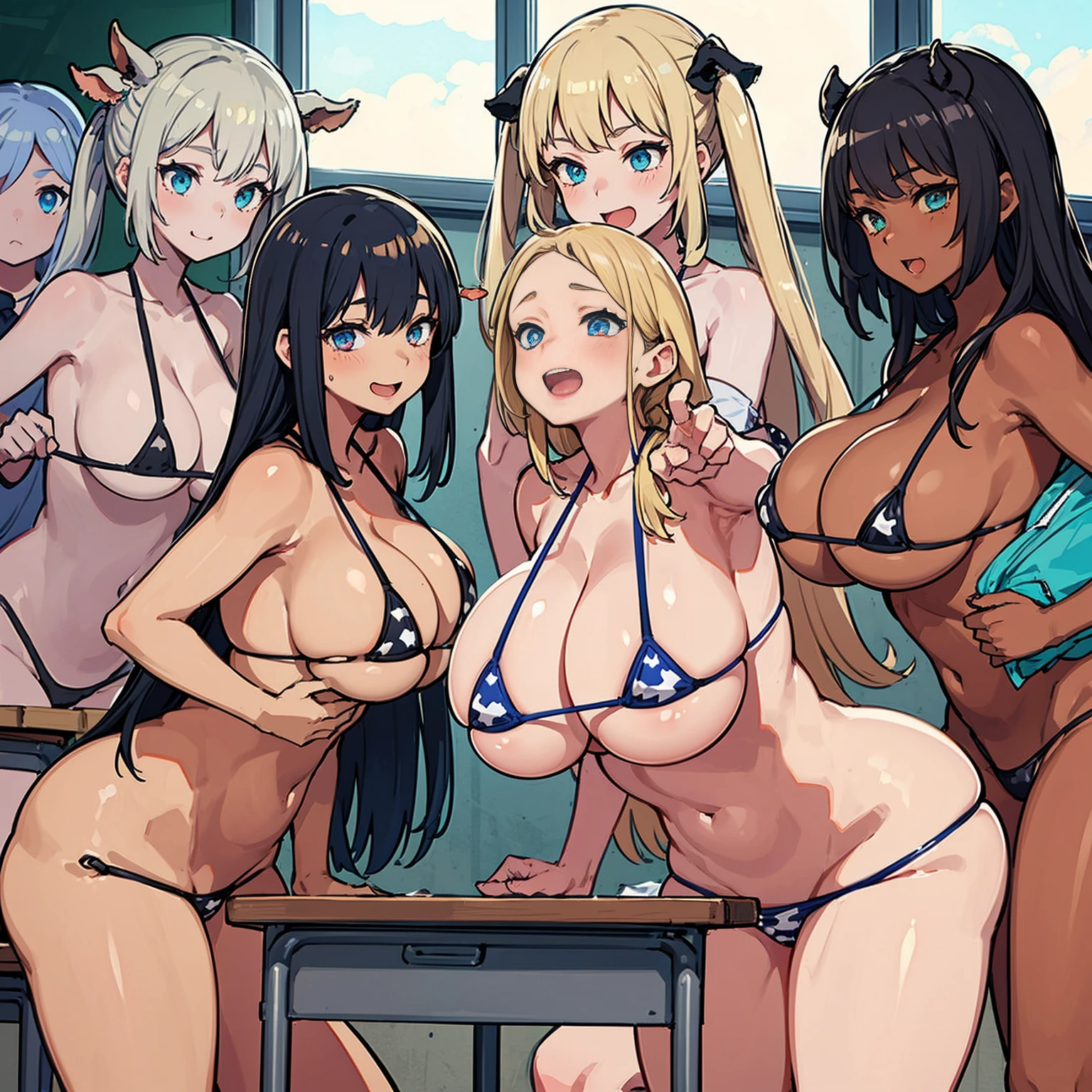 (tmasterpiece), Best quality at best, (Colorful:1.1), (5 girls, group picture:1.4), (slim:1.2), (巨bigger:1.4),(巨bigger:1.4), (bigger:1.8), (long:1.8),(big breasts drooping:1.8), (Dark skin:1.1), Blonde hair, silber hair, dual horsetail, pigtails, forehead, (Listless:1.4), (Open mouth happy smile:1.1), ( winking:1.2),peace signs, (stars and stripes bikini, Microbikini:1.1), cow boy shot, (Classroom:1.1),
