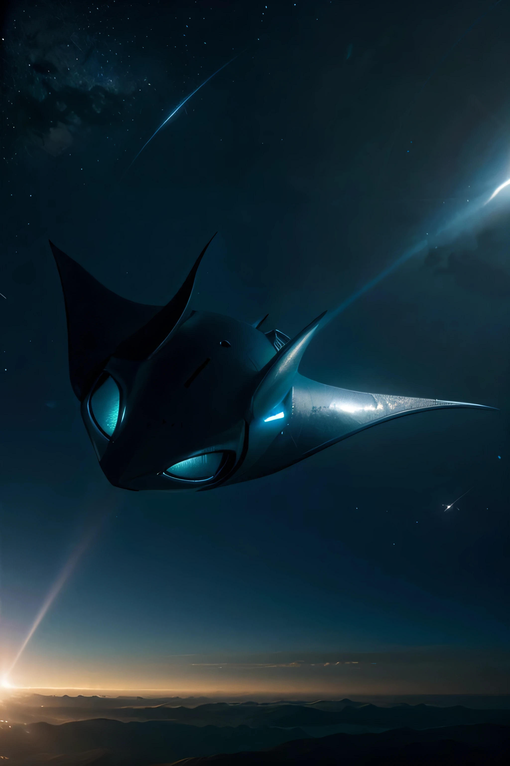 An alien manta ray drifting in space,huge eyes, stars in backround, cinematic lighting, backlit,