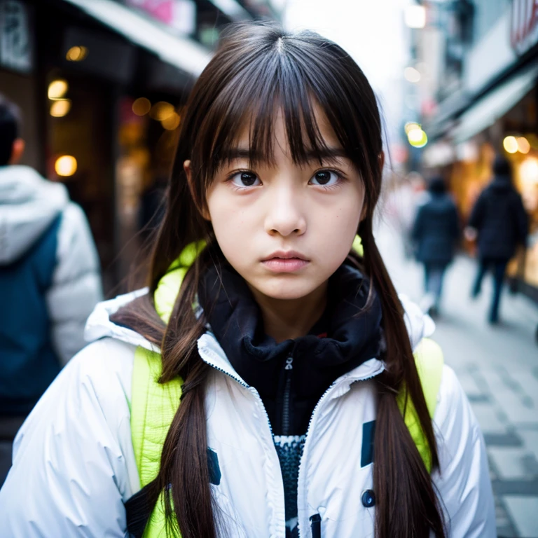 Beautiful girl wearing a down jacket、japanes、sixteen years old、In the street、serious facial expression、