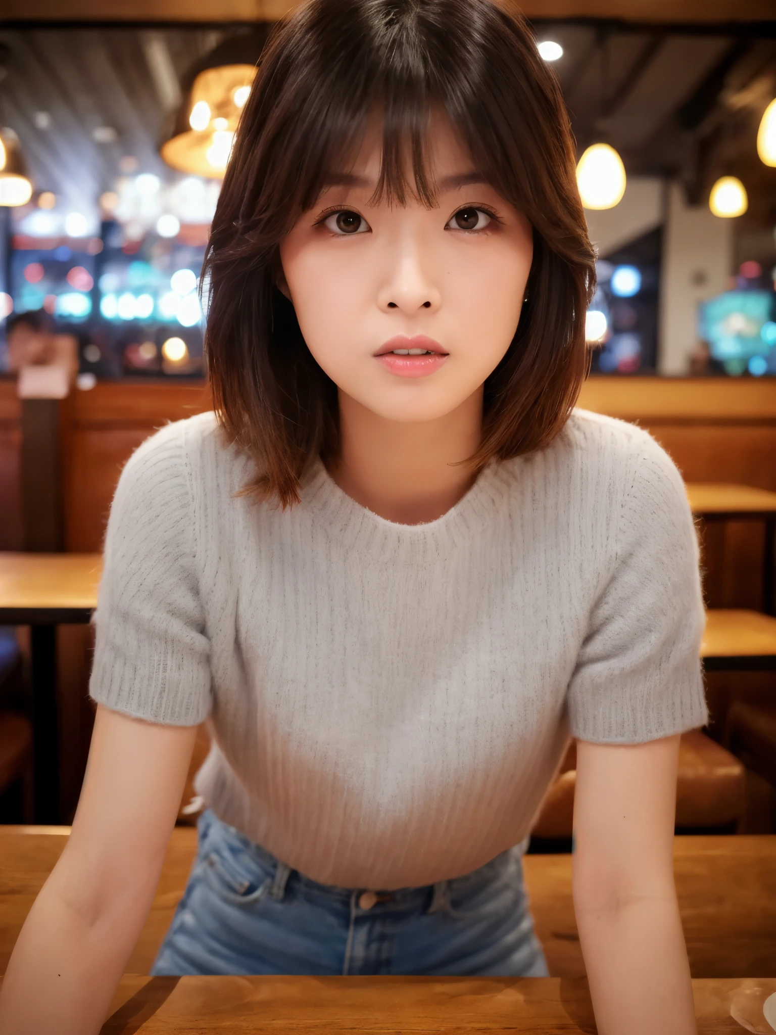 (High reality photograph, high resolusion, detailed face, detailed eyes) Skinny Japanese lady, 40 years old, cute face, various face expression, various hair style, skinny figure, small breasts, very thin waist, in a restaurant, wearing casual clothes