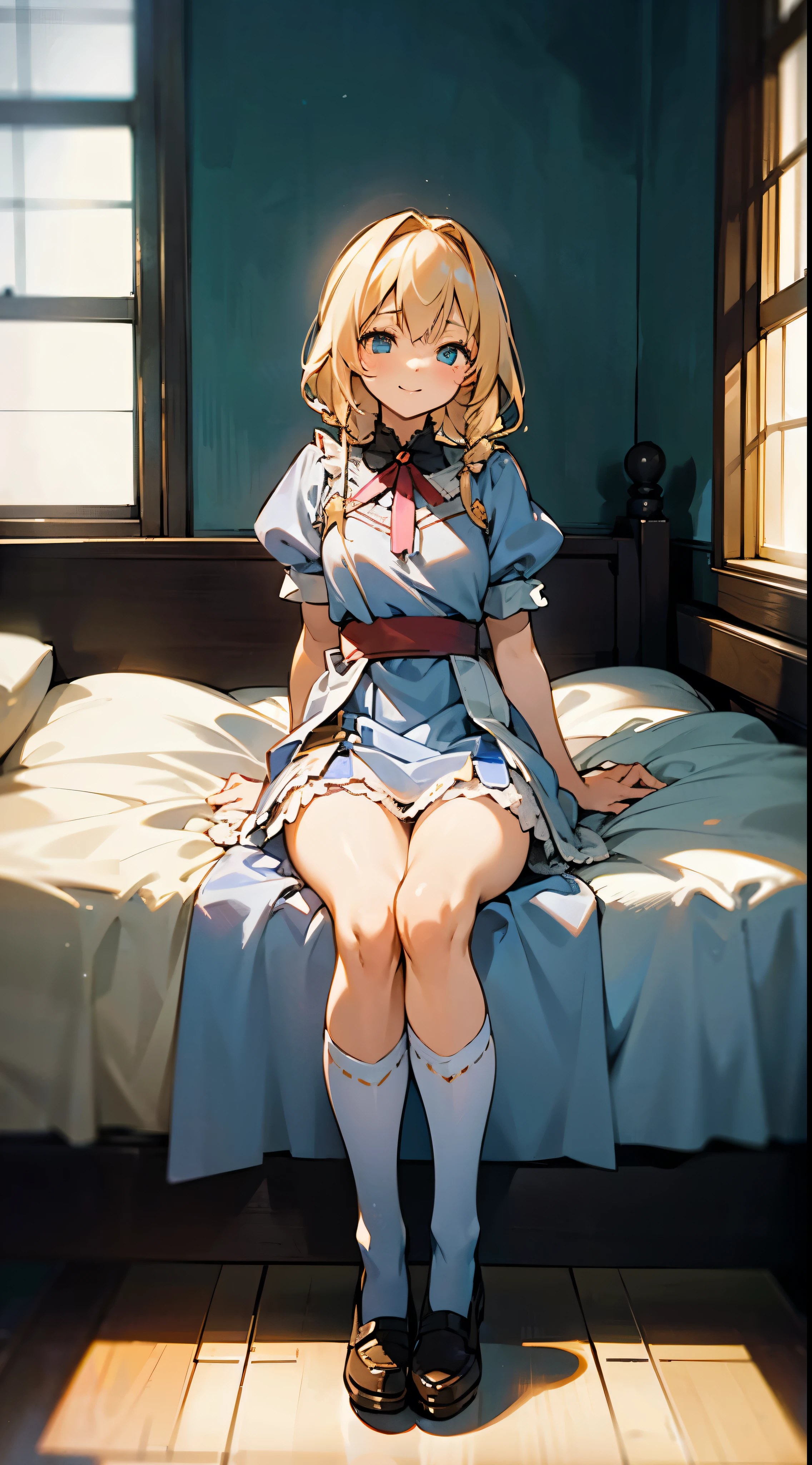 anime styled, The ultra -The high-definition, alice in the wonderland, Super cute girl, a blond, long, shame, A gentle and inviting smile, light blue fluttering short dress, frilldの付いた白いエプロンスカートを重ねる, frilld, B-cup breast, Light blue fluttering mini skirt, 靴下はつま先から太ももの真ん中までのlongめの白いニーハイソックスです。., and draw the full body, Inside an old Western-style building, absurd worldview, A window that lets in bright sunlight, Her clothes are a little disarrayed and her breasts are exposed.., pee, お漏らししてpeeが股から出て太ももを伝ってチョロチョロと細く流れている, Lie down on the bed, Reach out to the camera,legs slightly apart