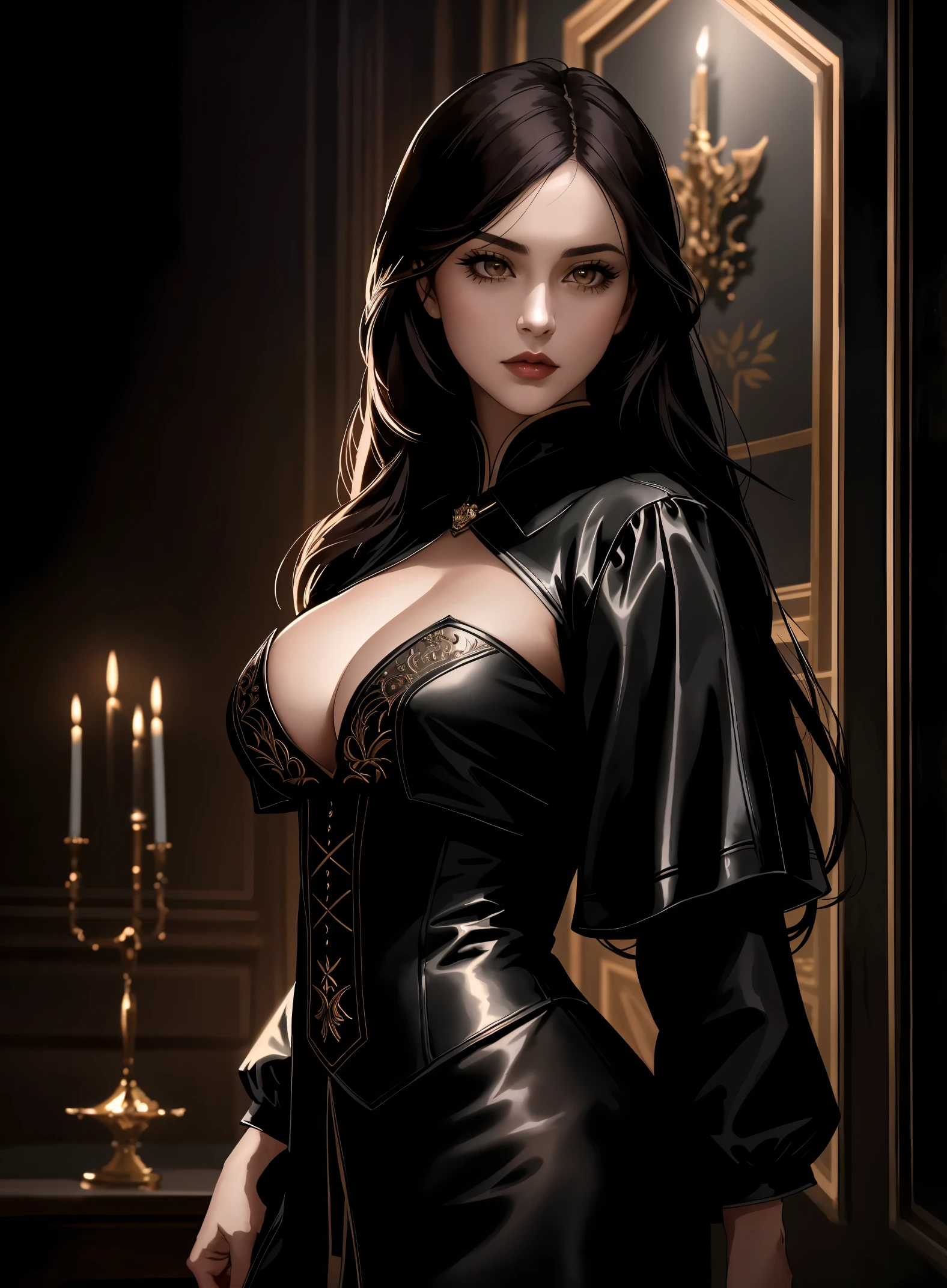 (best quality,4k,highres,masterpiece:1.2),ultra-detailed,(realistic:1.37), HDR,UHD,sharp focus,physically-based rendering,extreme detail description,professional,vivid colors,bokeh,studio lighting,portraits
A gorgeous and tough 1girl, a vampire hunter, stands proudly in a dimly lit room. With a determined expression and intense gaze, she exudes confidence and strength. She holds a famous sword, reflecting her skill and prowess as a hunter.
Her eyes are beautifully detailed, capturing every hint of determination. Her lips are also beautifully detailed, adding to her allure. Her long eyelashes accentuate her captivating gaze, enhancing the intensity of her presence.
Wearing a sleek and stylish leather outfit, she possesses a sense of fashion that matches her fierce personality. Her outfit is black, adding an air of mystery and sophistication. The fabric is expertly rendered, showing intricate details and textures.
The room where she stands is bathed in a soft, warm studio lighting. The walls are adorned with dark, gothic paintings, adding to the atmosphere of suspense and danger. The lighting creates dramatic shadows, emphasizing her sharp features and creating a sense of depth in the image.
The overall color palette of the image is rich and vibrant, with deep reds and purples contrasting against the dark, moody background. This color scheme enhances the mysterious and intense atmosphere of the scene.
The image is of the highest quality, with a resolution of 4k or higher. Every fine detail is meticulously crafted, resulting in an ultra-detailed depiction of the vampire hunter. The image is realistic, with a focus on capturing the physicality and essence of the character.
The final artwork is a masterpiece, showcasing the talent and skill of the artist. It combines elements of portraits and studio photography, resulting in a visually stunning image. The use of bokeh adds a dreamlike quality to the scene, further enhancing the ethereal beauty of the vampire hunter.
