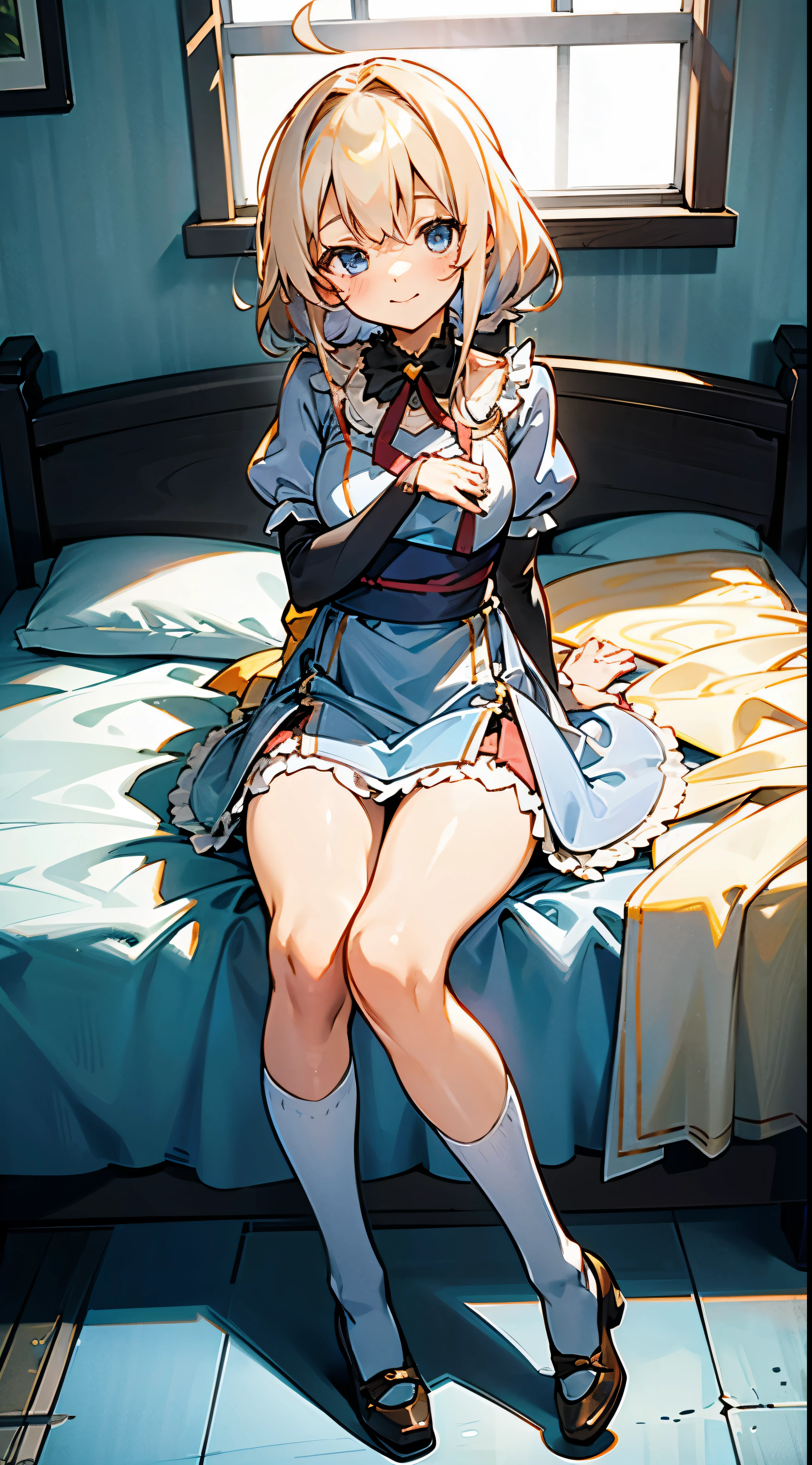 anime styled, The ultra -The high-definition, alice in the wonderland, Super cute girl, a blond, long, shame, A gentle and inviting smile, light blue fluttering short dress, frilldの付いた白いエプロンスカートを重ねる, frilld, B-cup breast, Light blue fluttering mini skirt, 靴下はつま先から太ももの真ん中までのlongめの白いニーハイソックスです。., and draw the full body, Inside an old Western-style building, absurd worldview, A window that lets in bright sunlight, Her clothes are a little disarrayed and her breasts are exposed.., pee, お漏らししてpeeが股から出て太ももを伝ってチョロチョロと細く流れている, Lie down on the bed, Reach out to the camera,legs slightly apart