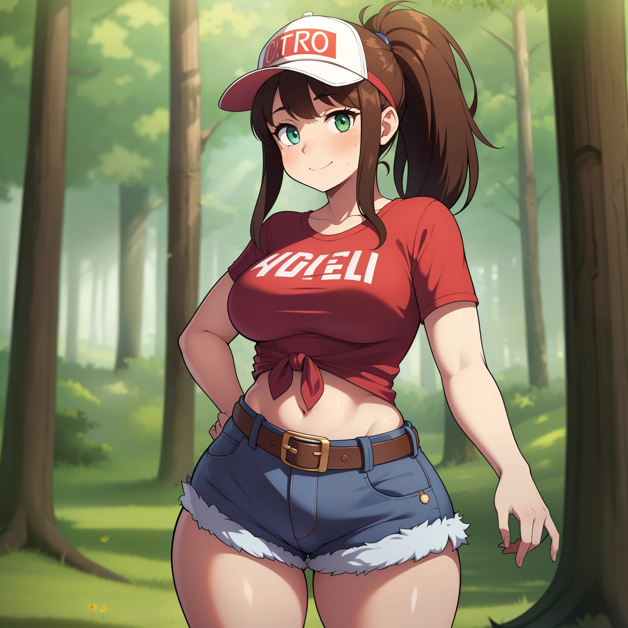 ((Masterpiece)), perfect anatomy, perfect shading, field of depth, (best quality), extremely delicate and beautiful, perfect lighting, detailed face, ultra cute face, cute, (cowboy shot 1.2), full body, (((1girl))), ((solo)), looking at viewer,

medium hair, ponytail, fluffy hair, brown hair, green eyes, freckles, ((blush)), bright smile, camp councilor, (red shirt 1.5), Tied up shirt, (jean shorts 1.2), visor hat, belt, medium breasts, perky breasts, wide hips, thick thighs, thigh gap,

camp ground, campsite, forest, hand on hip, dynamic pose,