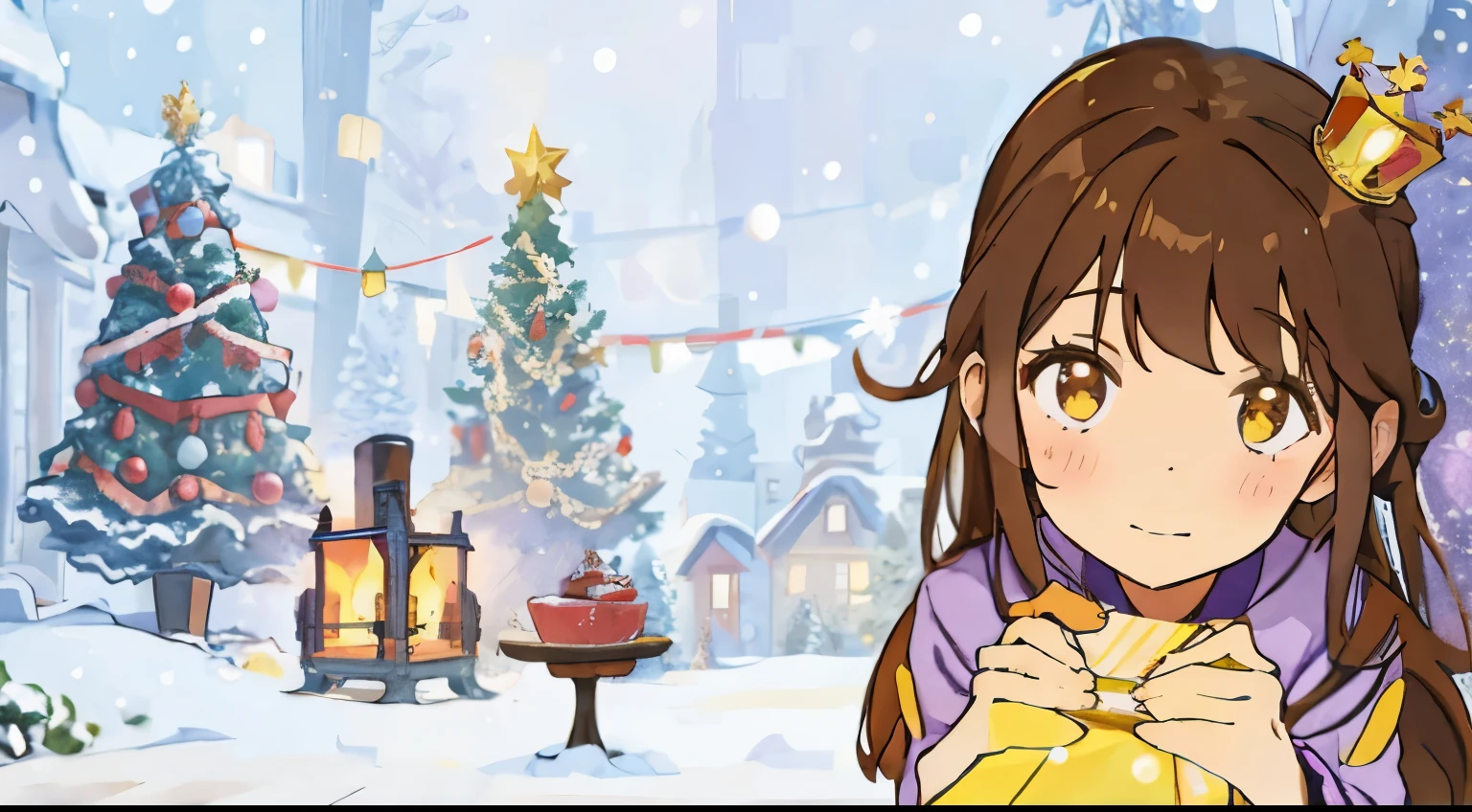 cute girl, purple shirt, long hair, brown hair, floating crown (yellow) christmas tree, fireplace, christmas, banner,