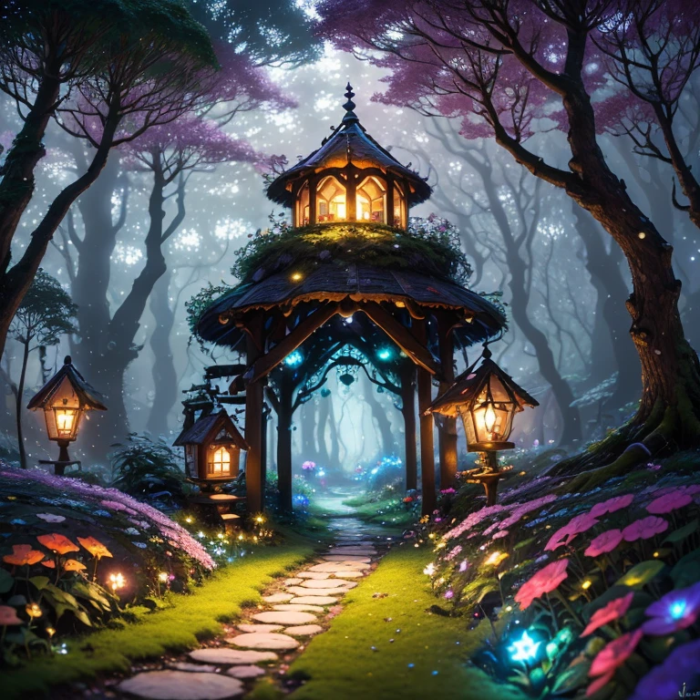 In a secluded glade nestled within an ancient forest, a charming fairy village comes to life, luminescent dwellings adorned with petals and leaves dot the landscape, while tiny pathways wind through the verdant surroundings, sparkle, glowing light, super detail, highres, best quality, 16k, (Surreal,A high resolution,4K,tmasterpiece:1.2),(vivd colour,bokeh,Artistic lighting)
