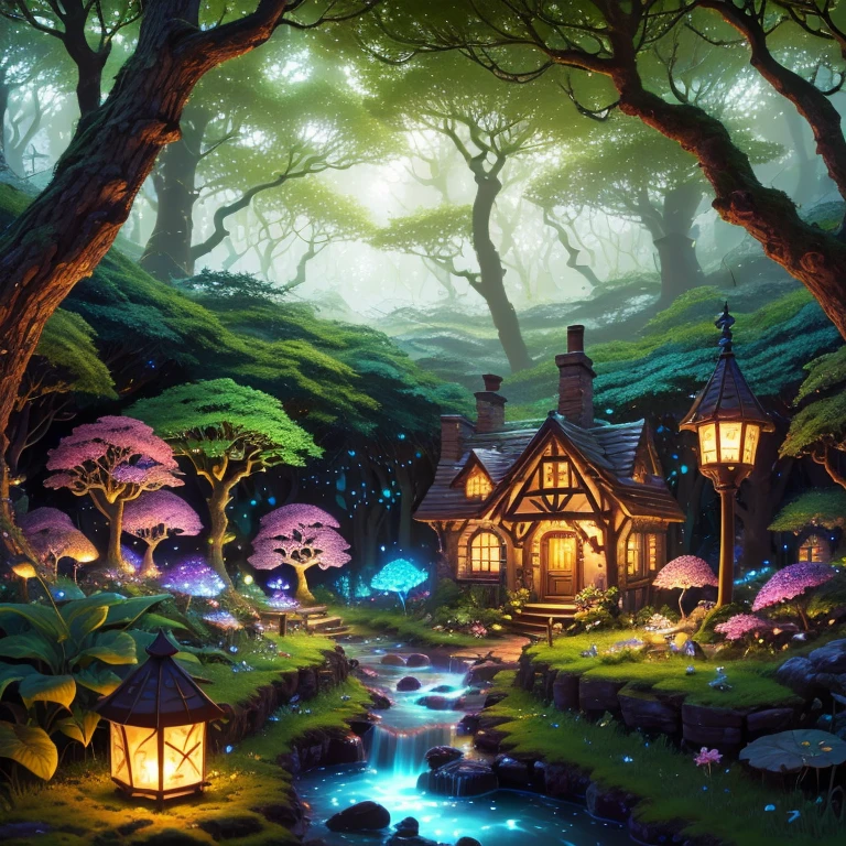In a secluded glade nestled within an ancient forest, a charming fairy village comes to life, luminescent dwellings adorned with petals and leaves dot the landscape, while tiny pathways wind through the verdant surroundings, sparkle, glowing light, super detail, highres, best quality, 16k, (Surreal,A high resolution,4K,tmasterpiece:1.2),(vivd colour,bokeh,Artistic lighting)