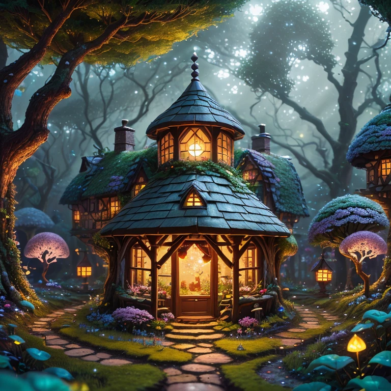 In a secluded glade nestled within an ancient forest, a charming fairy village comes to life, luminescent dwellings adorned with petals and leaves dot the landscape, while tiny pathways wind through the verdant surroundings, sparkle, glowing light, super detail, highres, best quality, 16k, (Surreal,A high resolution,4K,tmasterpiece:1.2),(vivd colour,bokeh,Artistic lighting)