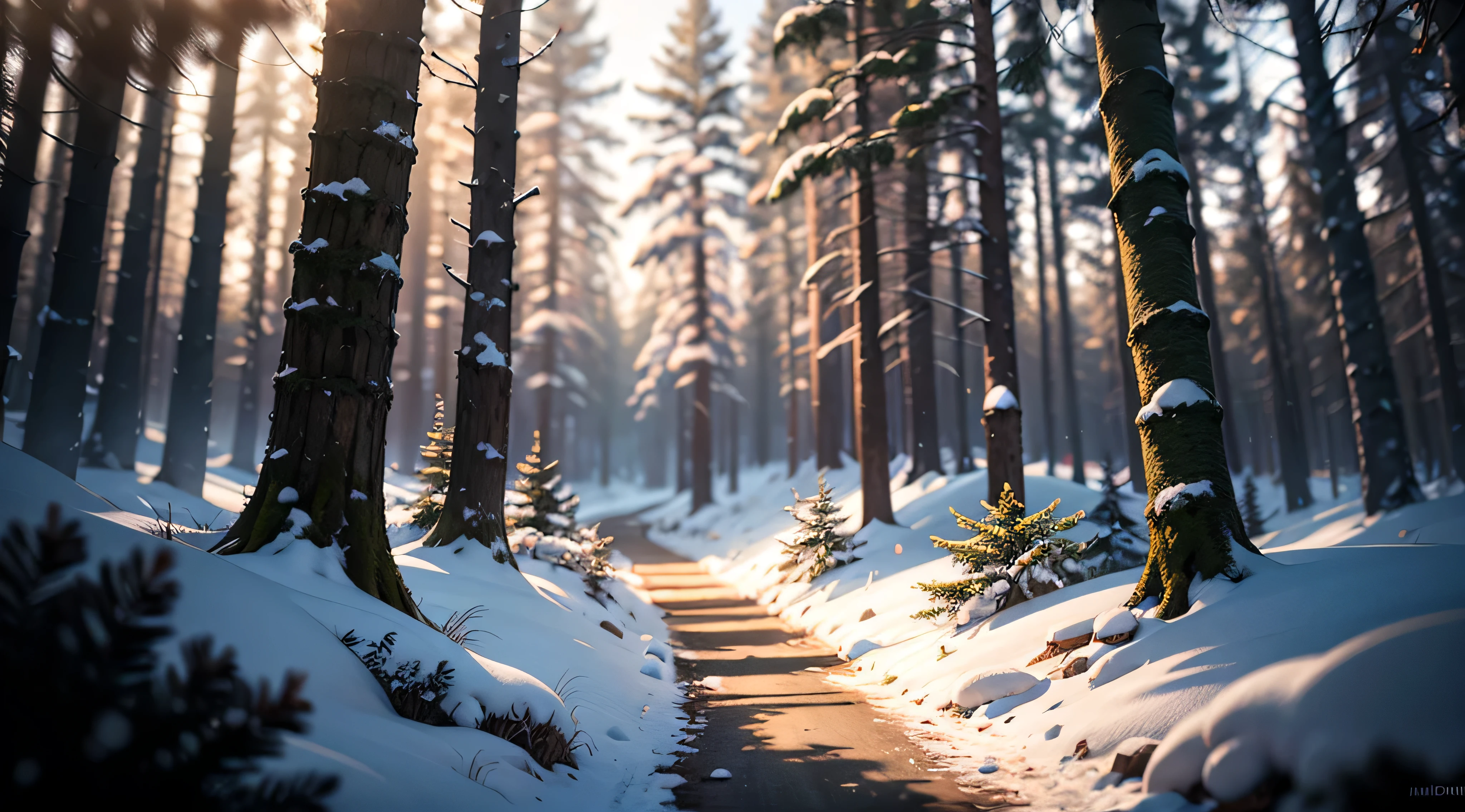 a dark and dense forest, thousands of trees, can't see the sky at the suroundings except for the middle where there is a path leading north to a opening in the trees showing light and the sky, snow, winter, pines, masterpiece, best quality, high quality, extremely detailed CG unity 8k wallpaper, oil paiting, award winning photography, Bokeh, Depth of Field, HDR, bloom, Chromatic Aberration ,Photorealistic,extremely detailed, trending on artstation, trending on CGsociety, Intricate, High Detail, dramatic, art by midjourney, volumetric lighting