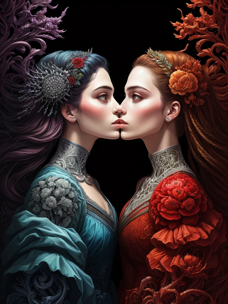 A detailed ultra hd painting of many different types of bones by android jones, Earnst Haeckel, James Jean. Winner of the Behance Contest, generative art, Baroque, intricate patterns, Fractalism, Film still, Photorealistic, Portrait of a beautiful woman surrounded by darkness, Portrait of a beautiful young maiden, War hammer, A little red water, Middle Ages, Highly detailed, Art station, Illustration, Sylvari portrait, Quality 8 k, Art by Partick Woodroof, (2girls:1.2), (kiss:1.3), (eye contact:1.2)