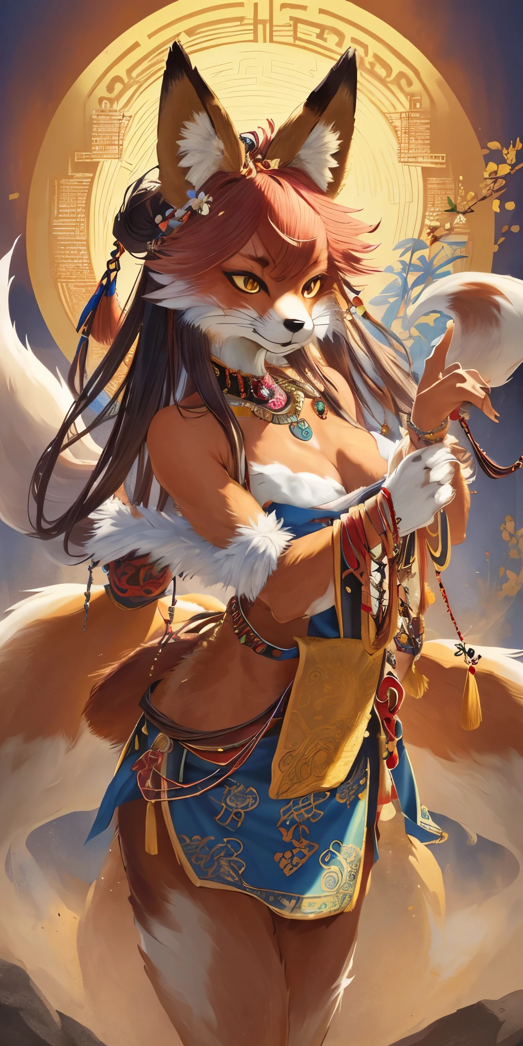 cover page, highres, top quality, best quality, paid reward available, unparalleled masterpiece, perfect artwork, absurdres, High-quality illustrations, super high resolution, detailed background,Perfect Anatomy(highly detailed beautiful face and eyes)absurdres, perfect anatomy((beast woman, solo focus, sharp focus)) (furry) (furry anthro:1.7) ((((Furry body, fox facial features, fox body features)))) ((fox's muzzle, very detailed fur))full body, ancient Chinese beauty, dancing pose, gorgeous dress embroidered with intricate embroidery, with transparent colorful ribbons tied around her arms, flowing tulle, bare shoulders, open neck, wreath, black bun with flower hairpins Belts, armbands with streamers, necklaces, bracelets, anklets, metal chain tassels around the waist, Mogao Grottoes art, inspiration from Dunhuang Flying Apsaras murals, ink wash,