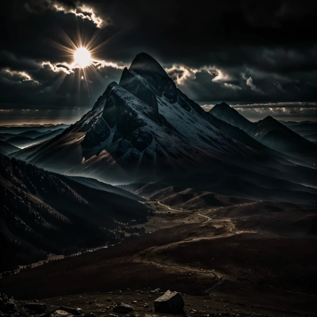 bare mountain, realistic, high quality, sharpness, dark atmosphere, gothic, hysterical, shining sun light,