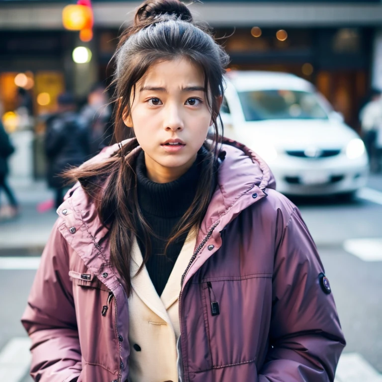 Beautiful girl wearing a down jacket、japanes、17 age、In the street、serious facial expression、Bun hair、