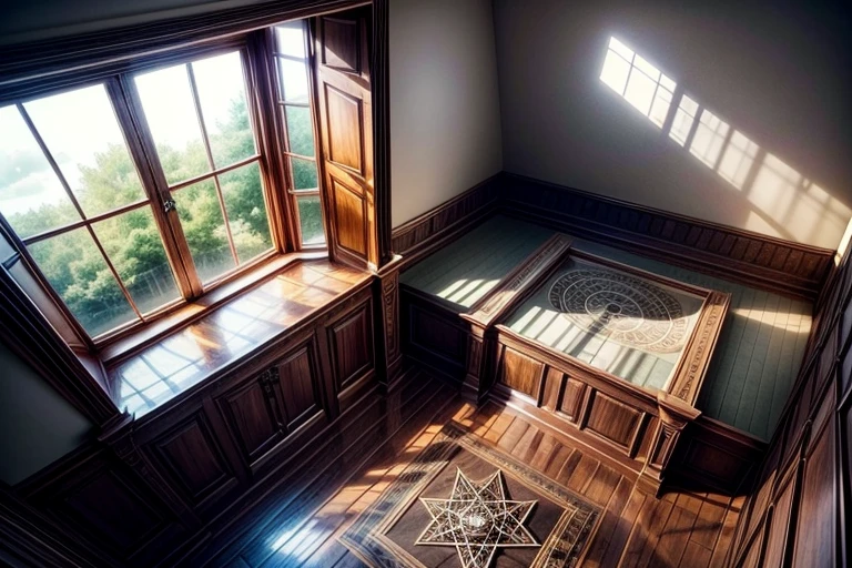 The spacious attic of an old mansion. A pentagram is painted on the floor in the center of the room. Sunbeams are visible through the skylight, connecting from the ground floor to the roof of the mansion.