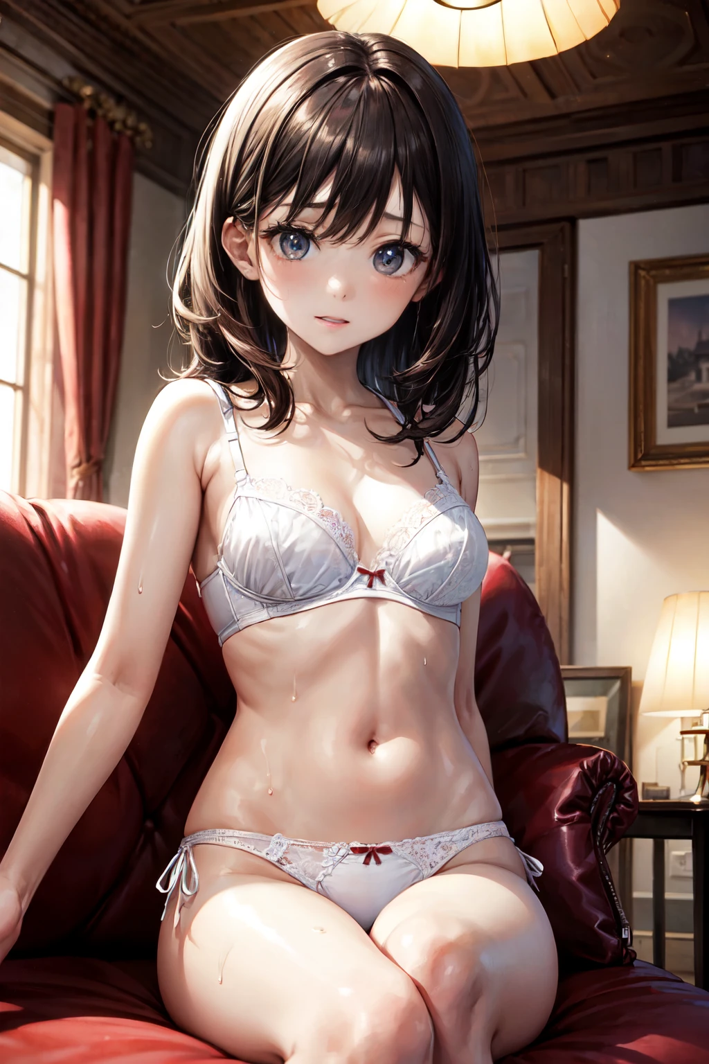 top-quality、lighting like a movie、 sister sitting on the sofa in the living room、Wearing white bra and panties、European-style house、small tits、full of sweat、