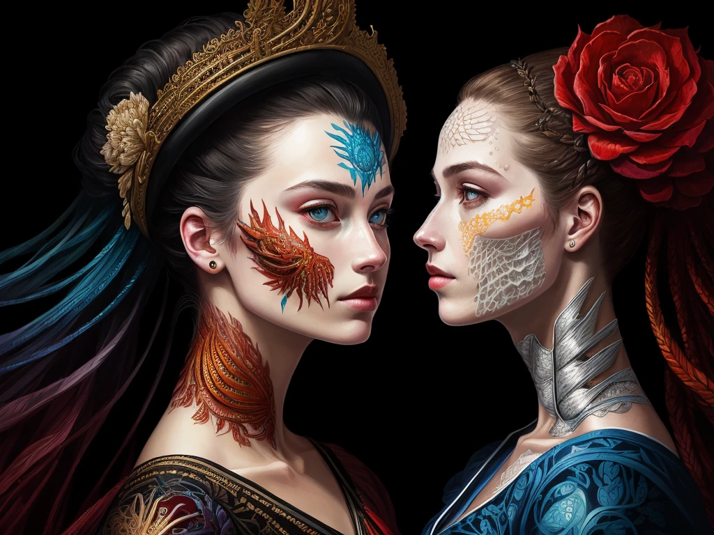 A detailed ultra hd painting of many different types of bones by android jones, Earnst Haeckel, James Jean. Winner of the Behance Contest, generative art, Baroque, intricate patterns, Fractalism, Film still, Photorealistic, Portrait of a beautiful woman surrounded by darkness, Portrait of a beautiful young maiden, War hammer, A little red water, Middle Ages, Highly detailed, Art station, Illustration, Sylvari portrait, Quality 8 k, Art by Partick Woodroof, (2girls:1.2), (kiss:1.3), (eye contact:1.2)