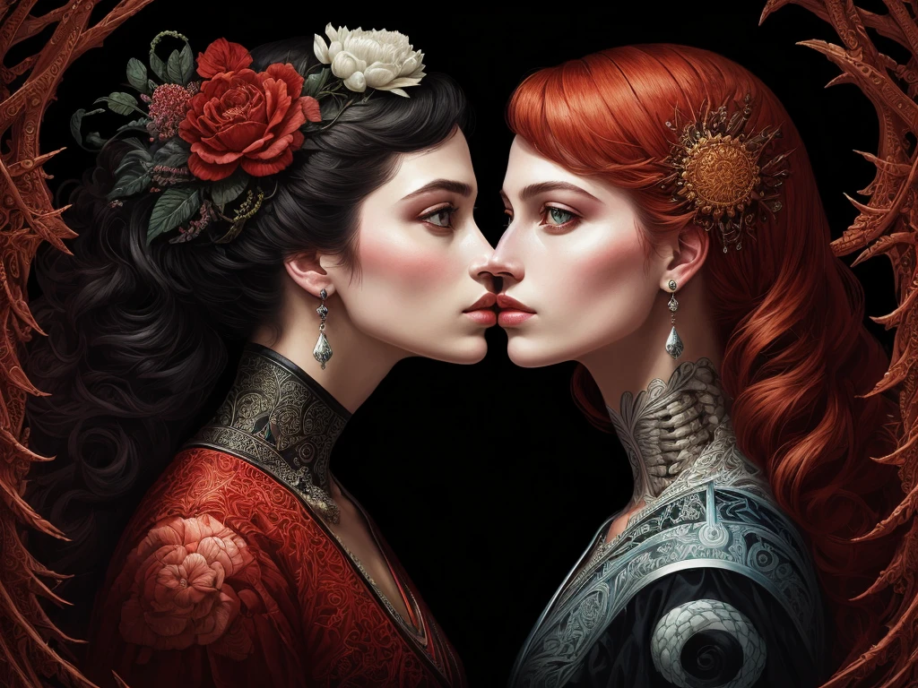 A detailed ultra hd painting of many different types of bones by android jones, Earnst Haeckel, James Jean. Winner of the Behance Contest, generative art, Baroque, intricate patterns, Fractalism, Film still, Photorealistic, Portrait of a beautiful woman surrounded by darkness, Portrait of a beautiful young maiden, War hammer, A little red water, Middle Ages, Highly detailed, Art station, Illustration, Sylvari portrait, Quality 8 k, Art by Partick Woodroof, (2girls:1.2), (kiss:1.3), (eye contact:1.2)