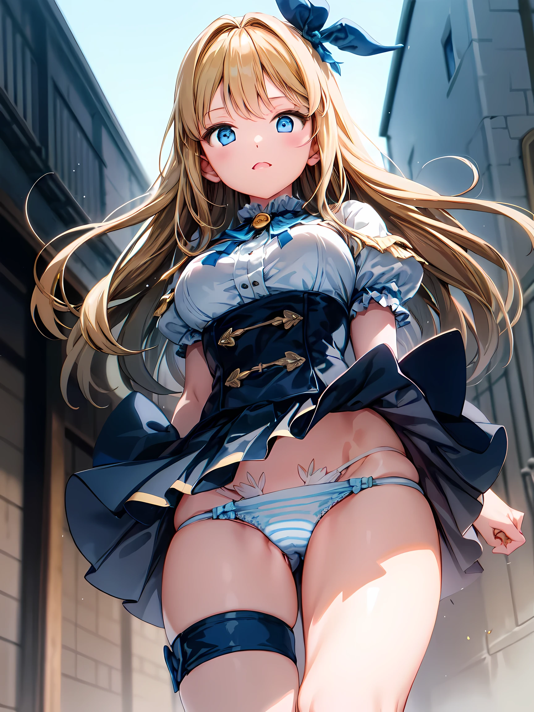 ultra detailed game CG, (High resolution:1.1),(absurderes:1.1), Best Quality, Ultra high definition, The highest resolution, Very detailed, Anime, 1girl in, Blonde hair, Blue eyes, White blouses, (White panty:1.1), Blue Ribbon, corsets, broach, under the boobs, thighs thighs thighs thighs, Highkick, Medieval European Streets, Wind
