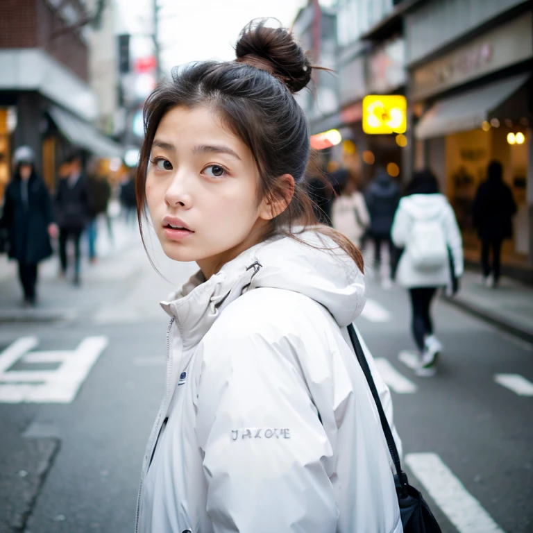 Beautiful girl wearing a white down jacket、japanes、17 age、In the street、serious facial expression、Bun hair、