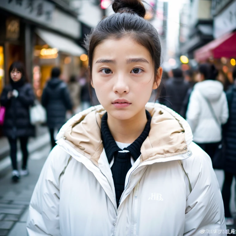 Beautiful girl wearing a white down jacket、japanes、17 age、In the street、serious facial expression、Bun hair、