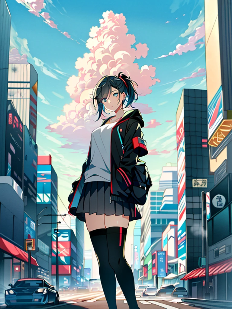 Hyper realistic, masutepiece, Very detailed, 科幻小说, dystopian, (beautiful eyes grunette, Woman,  Detailed face, Detailed skin, baggy clothes, Thigh high socks, Skirt,  Cyberpunk, Soft light, Subsurface scattering,((sky line)), cumulonimbus clouds, busy street, polluted, Dust,