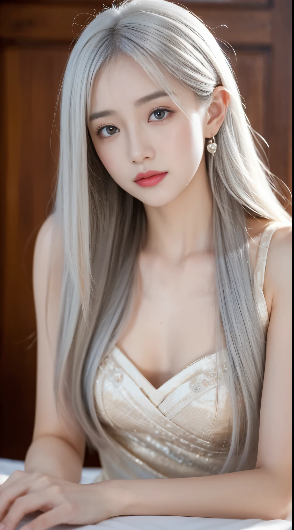 mix4、(8K、Raw photography、top-quality、masterpiece:1.2)、(NSFW:1.4),(realisitic、Photorealsitic:1.5)、1girl in、A young woman with a delicate and slender face, gentle brown eyes, semi long hair,she seems thoughtful and introverted, her appearance is elegant and sophisticated, Best Quality, The best smile, a beauty girl, Cute, depth of fields, High resolution, Ultra Detail, Highly detailed, Highly detailed 、 Sharp pupils, Realistic Women、Cinematic lighting、beautiful white hair color、