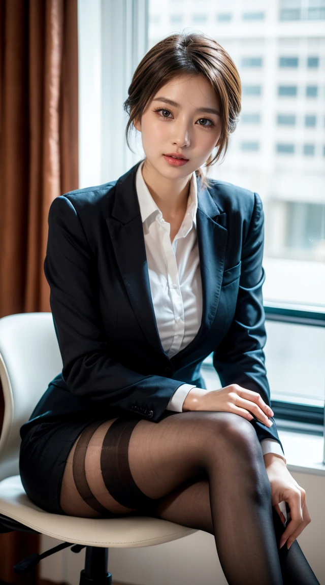 face is :9,1714884241], High-class elite secretary in a business shirt, Work in an office chair、Wearing a strict business suit, (Wearing pantyhose)、(Short Layer Hair)、crossed legs, Wear high-quality heels、 (thighhighs and skirt、huge tit), Girl in a shirt, Wearing a business suit, Wearing a business suit, in a business suit, businesswoman, business outfit, wearing black business suit, Wear shirts and skirts., Woman in business suit, business outfit, business outfit, Raw foto, (8K、top-quality、​masterpiece:1.2)、(delicate detail:1.4)、(Photorealsitic:1.4)、octan render、Complex 3D Rendering, ultra-detailliert, Studio Soft Light (Studio Soft Light) (Studio Soft Light (Studio Soft Light)), Rim Light, vibrant detail, super detailing, realistic skin textures, Detail Face, Beautiful detail eyes, Highly detailed CG Unity 16K wallpaper, Makeup-, (Detailed background:1.2), Exposed thighs!!!,