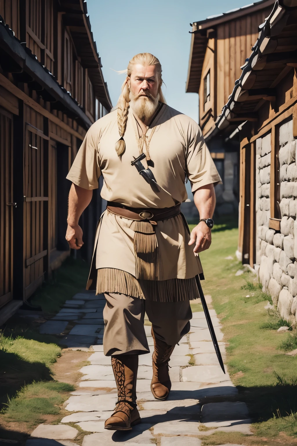 A big middleaged nordic man. About 40 years old. Strong. Long blonde hair in a ponytail. Blonde Fu manchu beard. Wearing a medieval beige tunic and brown trousers. In a viking village.
