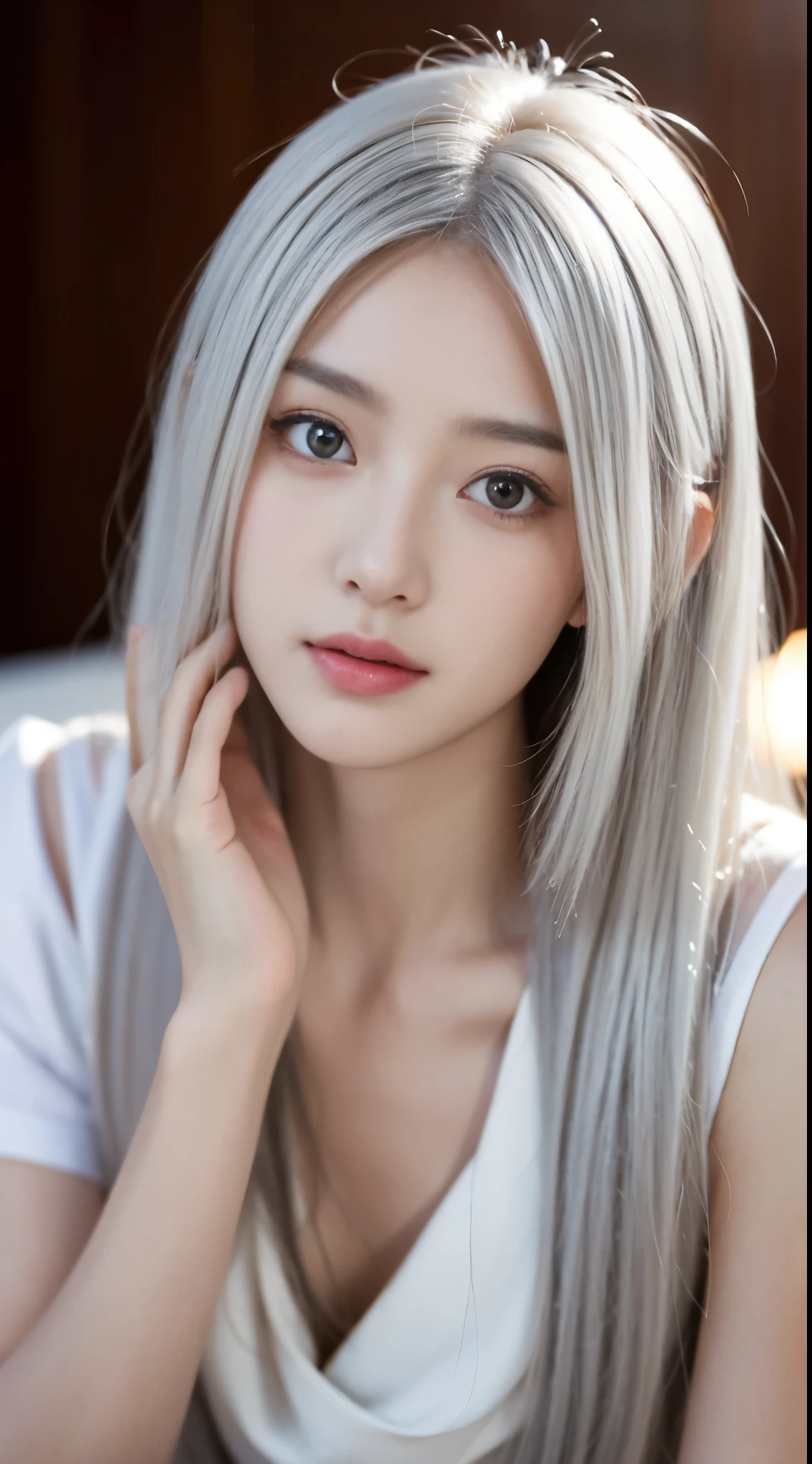 mix4、(8K、Raw photography、top-quality、​masterpiece:1.2)、(NSFW:1.4),(realisitic、Photorealsitic:1.5)、1girl in、A young woman with a delicate and slender face, gentle brown eyes, semi long hair,she seems thoughtful and introverted, her appearance is elegant and sophisticated, Best Quality,  The best smile, a beauty girl, Cute, depth of fields, High resolution, Ultra Detail, Highly detailed, Highly detailed 、 Sharp pupils, Realistic Women、Cinematic lighting、beautiful white hair color、