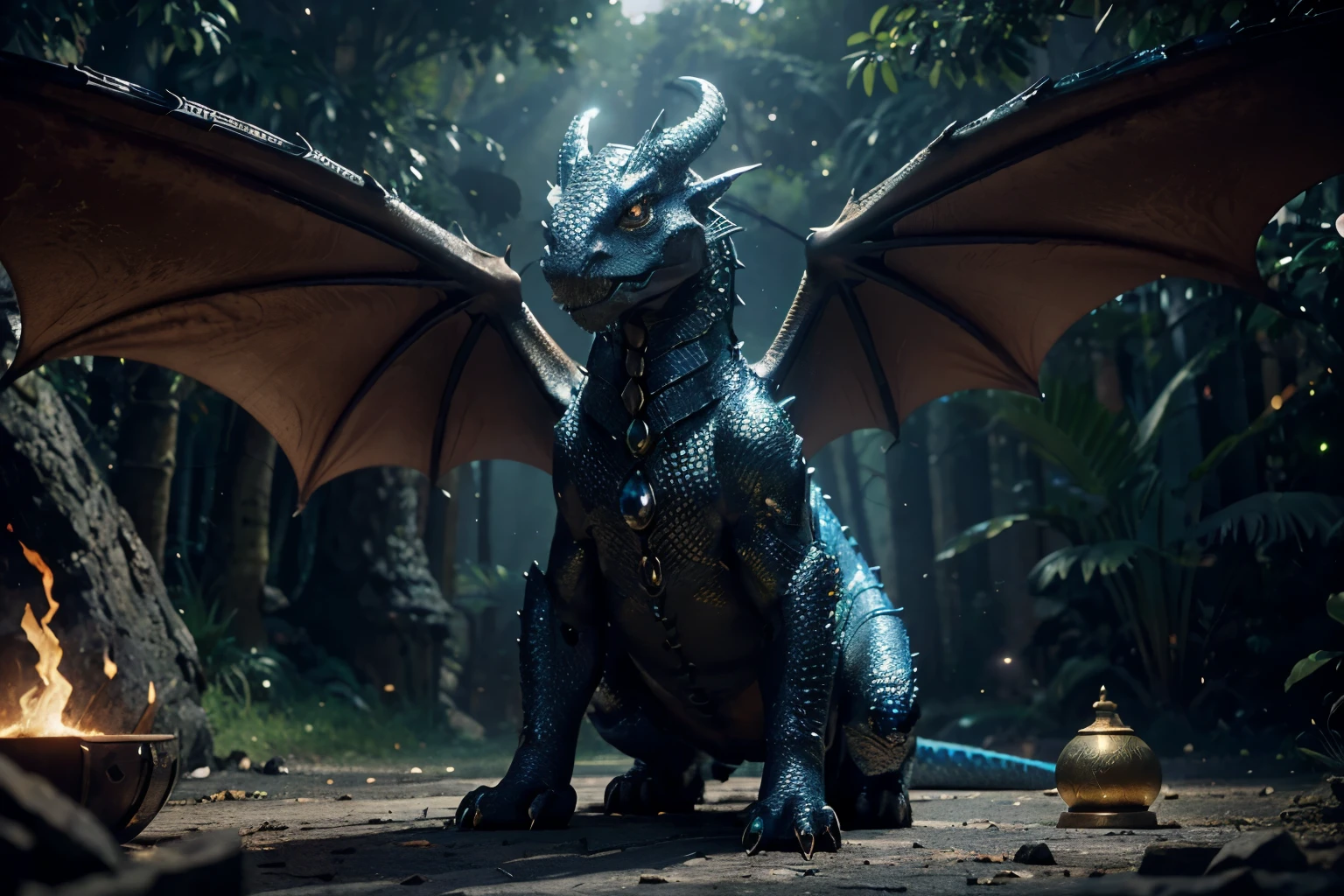 Using cutting-edge artificial intelligence, create a maximum quality image that transports the viewer to a magical setting, where a majestic dragon guards a treasure trove of enchanted objects. Explore advanced levels of detail to highlight the dragon's shiny scales, its imposing wings and the unique texture of magical objects. Adopt a cinematic style to bring the scene to life, capturing the luminosity of the dragon's eyes, that emanate a mystical power. Certifique-se de que a imagem transmita uma atmosfera de maravilha e perigo, providing a captivating insight into the encounter between the legendary creature and the magical treasure.