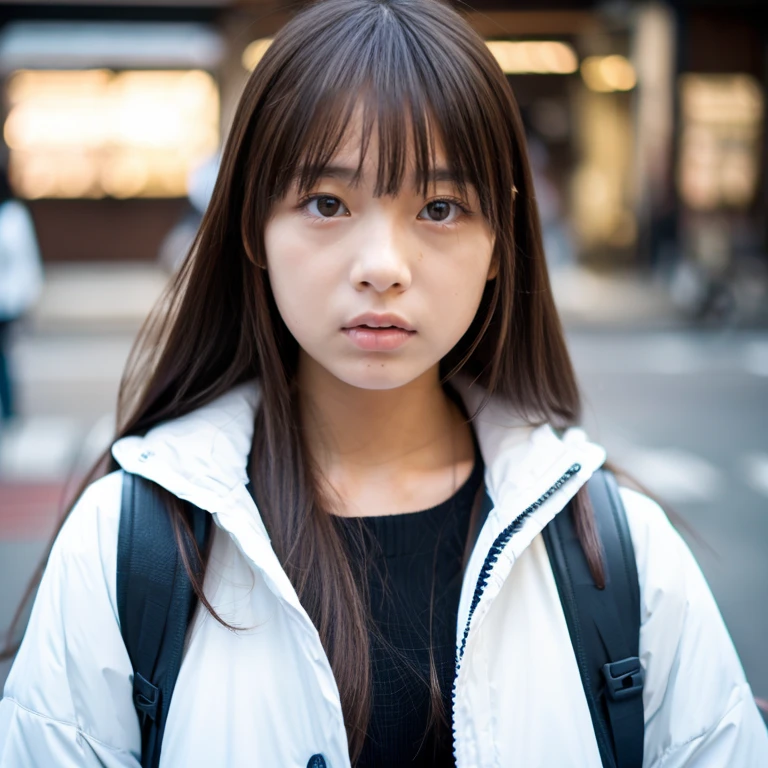 Beautiful girl wearing a white down jacket、japanes、、In the street、serious facial expression、