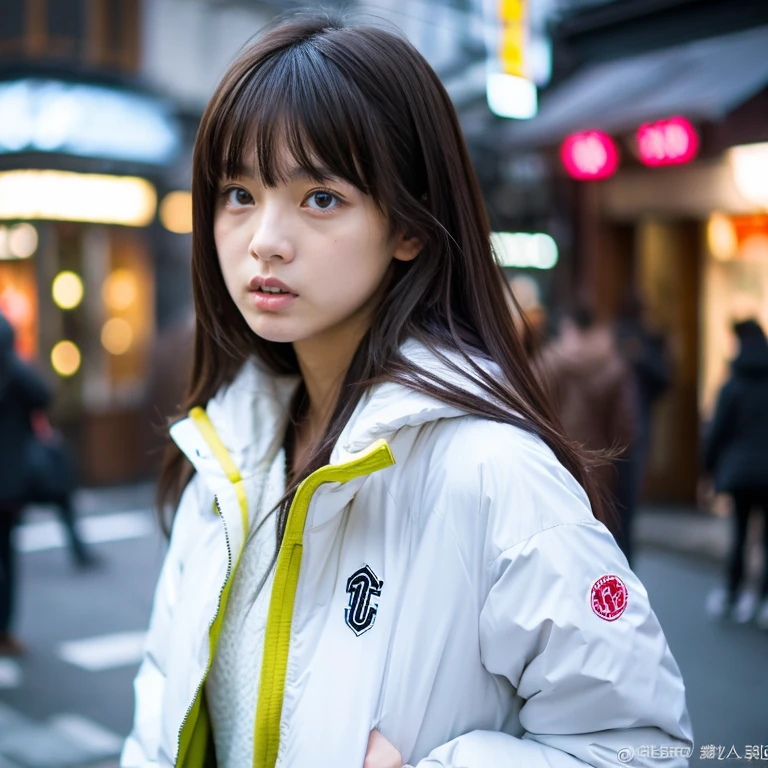 Beautiful girl wearing a white down jacket、japanes、、In the street、serious facial expression、