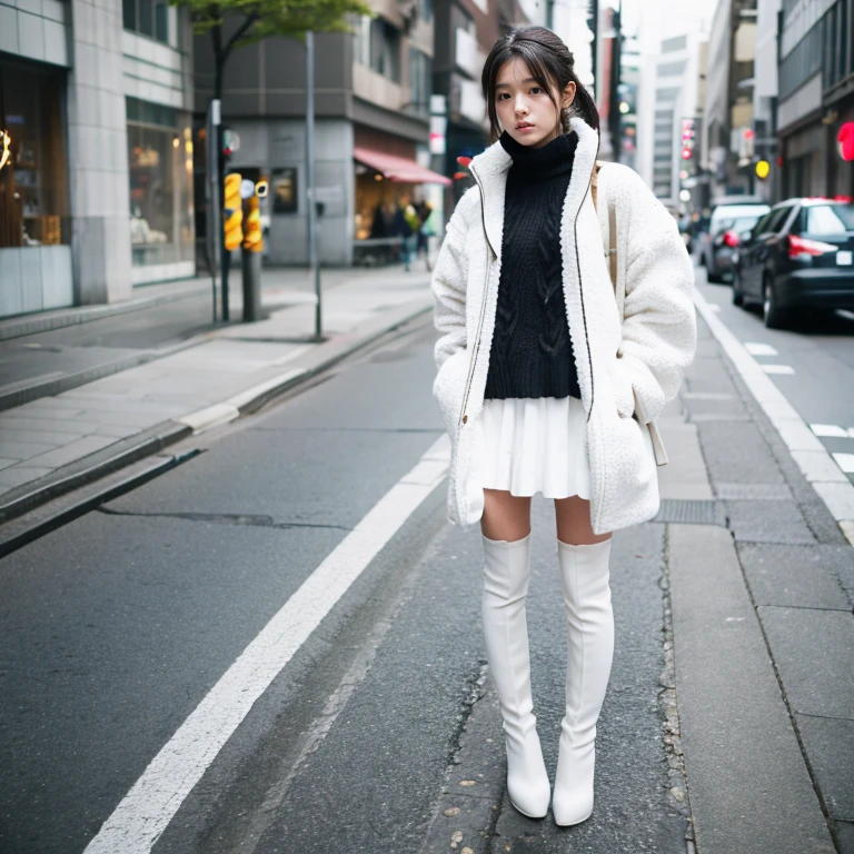 Beautiful girl wearing a white down jacket、japanes、17 age、In the street、serious facial expression、Knitted skirt、knit tights、Mouton Boots、