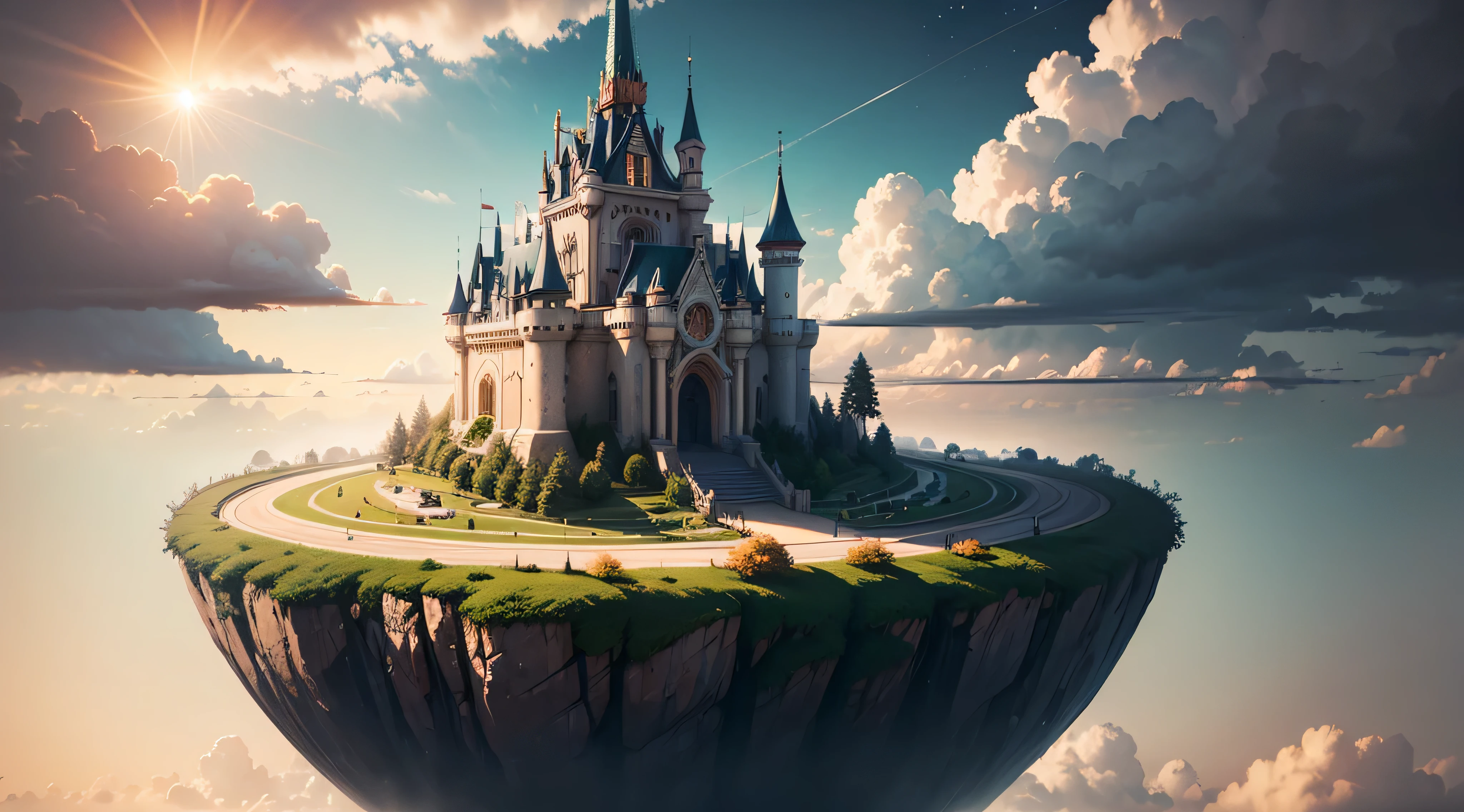 floating island, magical castle, space, sun, clouds, masterpiece, best quality, high quality, extremely detailed CG unity 8k wallpaper, oil paiting, award winning photography, Bokeh, Depth of Field, HDR, bloom, Chromatic Aberration ,Photorealistic,extremely detailed, trending on artstation, trending on CGsociety, Intricate, High Detail, dramatic, art by midjourney, volumetric lighting