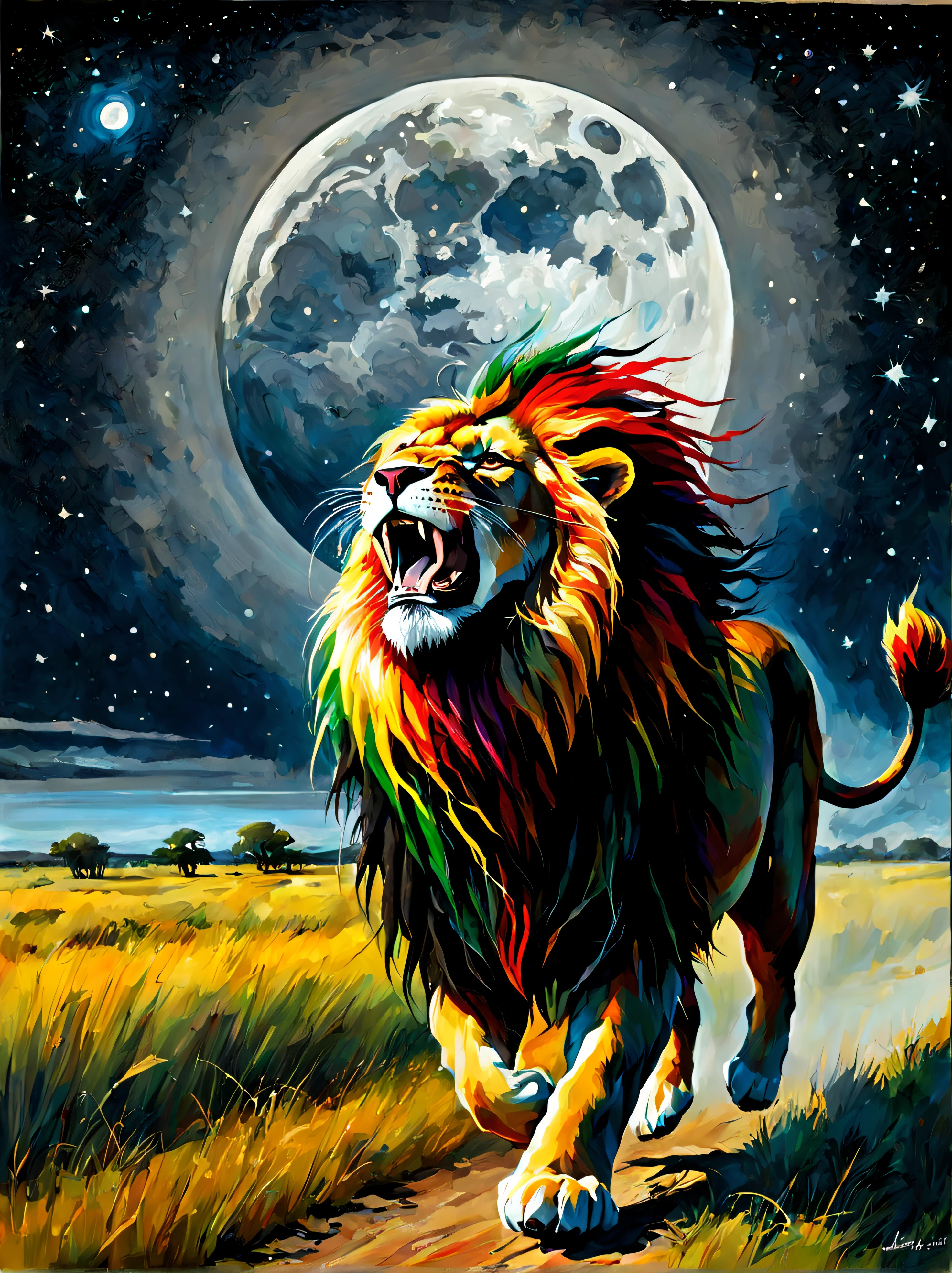 Image of a Rastafarian lion with dreadlocks in reggae colors running vigorously across the prairie, destacando-se na paisagem, ela&#39;It&#39;s on a starry night with a giant moon casting silver rays throughout the composition, colorful comets cross the sky, Energetic and lively scene.
Estilo de Gabriele Dell&#39;Otto, Meio da jornada de IA, saturated cores, Aquarela, oil paints,   HDR, 500px, 4k,